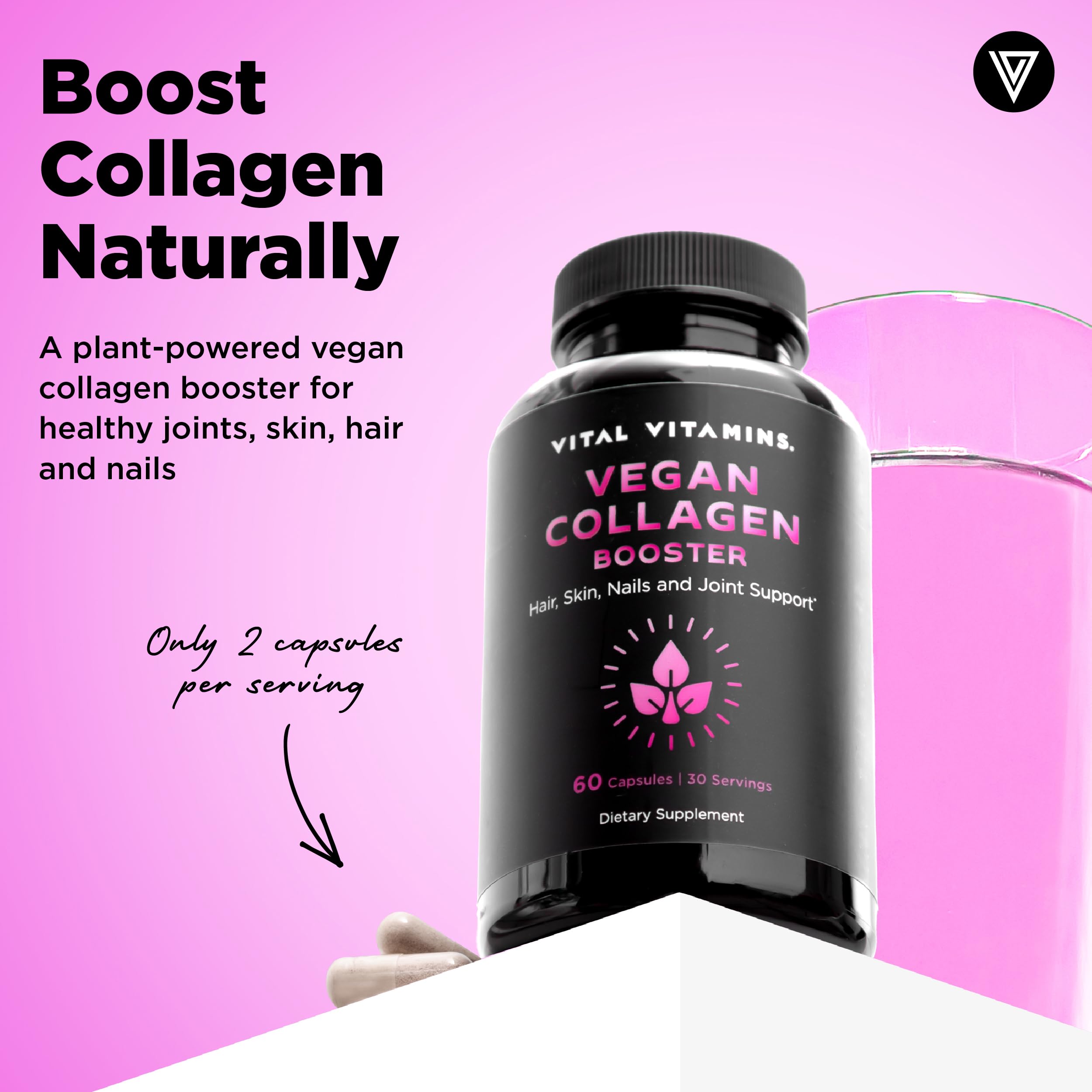 Vital Vitamins Vegan Collagen Booster Supplements, 60 Capsules | Supports Skin, Hair, Nails & Joints, Formulated with 30+ Superfoods, Hyaluronic Acid, Silica & Vitamin A, Non-GMO