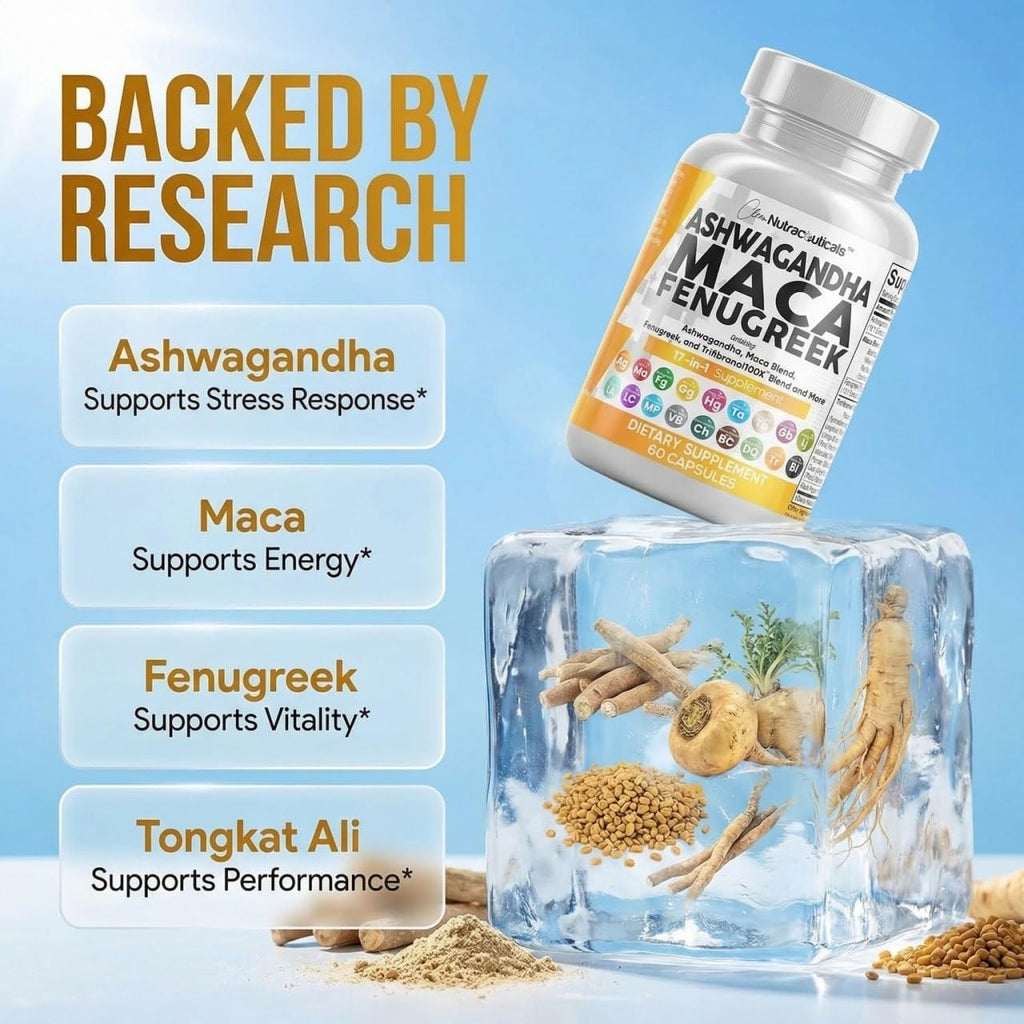 Clean Nutraceuticals Ashwagandha Maca Root Fenugreek Supplement with Tongkat Ali Ginseng - Assists with Stress, Mood & Thyroid - Ashwagandha Capsules Fenugreek Caps