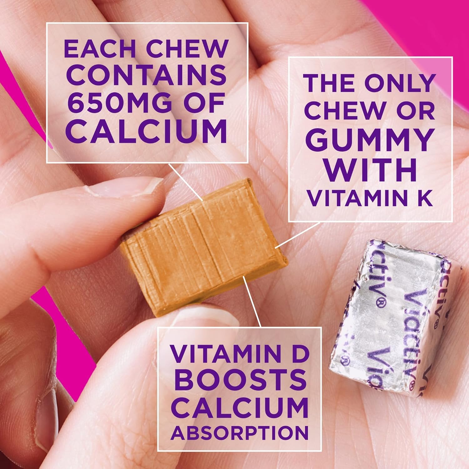 Viactiv Calcium + Vitamin D Supplement Soft Chews, 60 Count, Caramel | for Women & Men, Chewable Calcium for Bone Health Support, 650 mg per Serving, Vitamin D & K for High Absorption