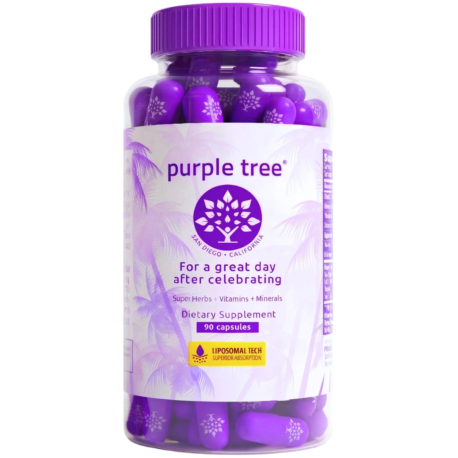 purple tree Post-Celebration Wellness Supplement | Liposomal Dihydromyricetin (DHM), L-Glutathione, Milk Thistle for Liver Support & Hydration | Electrolytes, B Vitamins, Willow Bark | 60 Capsules