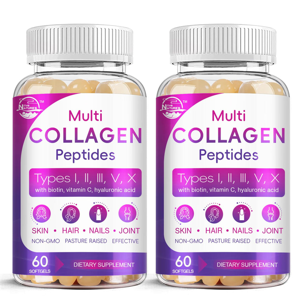 Nature's live Multi Collagen Peptides Softgel - Type I, II, III, V, X | Hydrolyzed Collagen Peptides with Biotin, Hyaluronic Acid, Supports Skin Hair Nail, Grass-Fed, 60 Softgels, 2 Pack