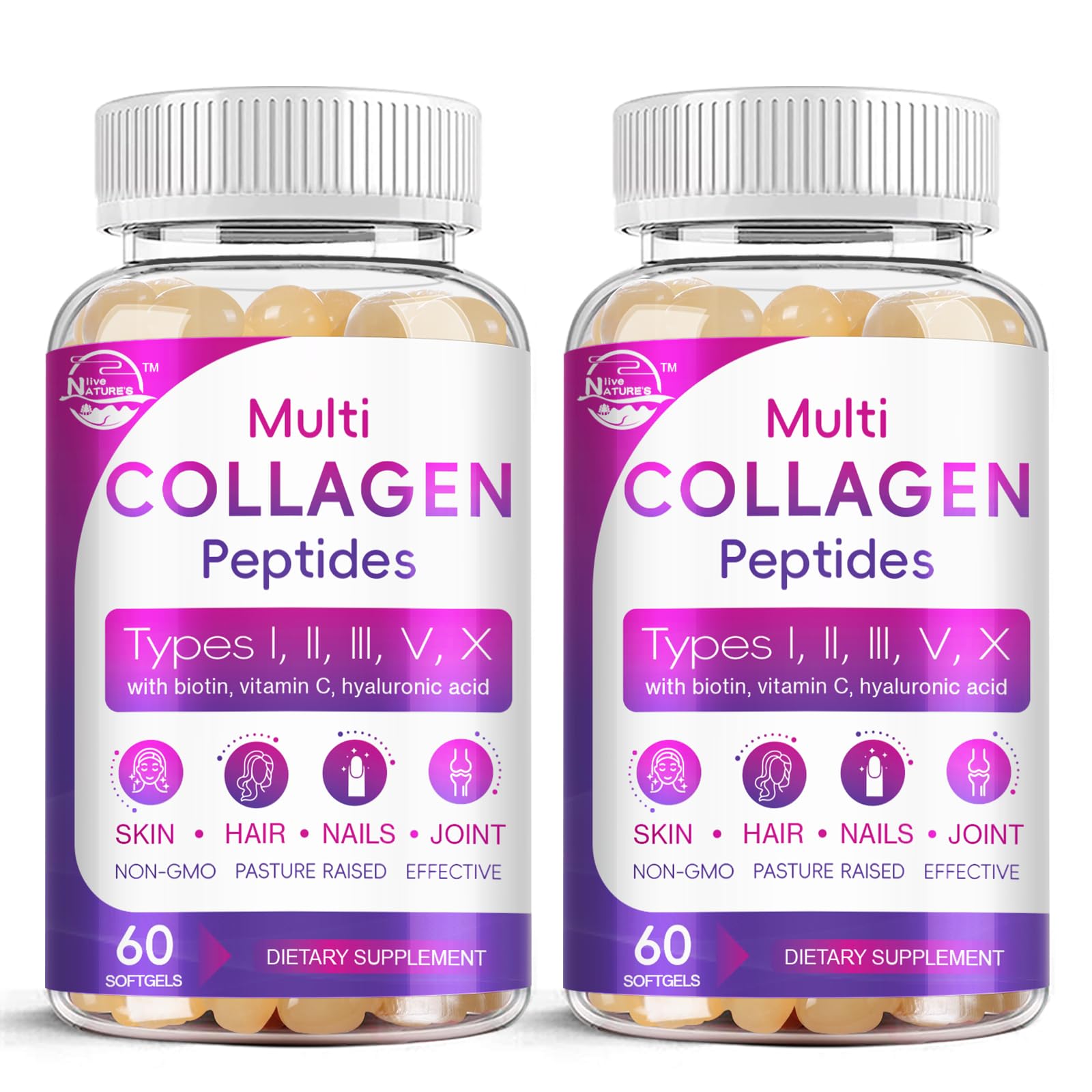 Nature's live Multi Collagen Peptides Softgel - Type I, II, III, V, X | Hydrolyzed Collagen Peptides with Biotin, Hyaluronic Acid, Supports Skin Hair Nail, Grass-Fed, 60 Softgels, 2 Pack