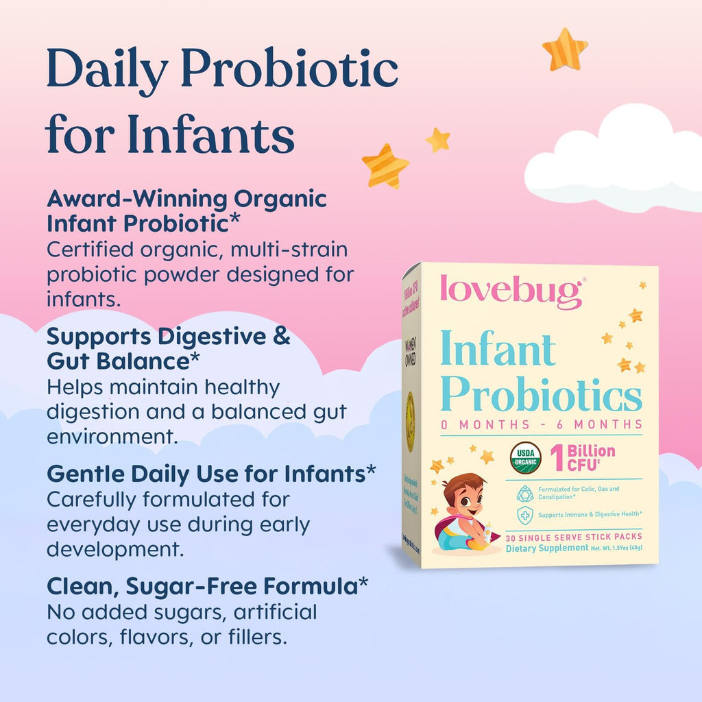 LOVEBUG Infant Probiotics 0-6 Months - USDA Organic Probiotics for Babies, Supports Baby Gas, Colic, Reflux, Diarrhea and Newborn Constipation Relief, Allergen & Sugar Free, Tasteless Powder, 30 Pack