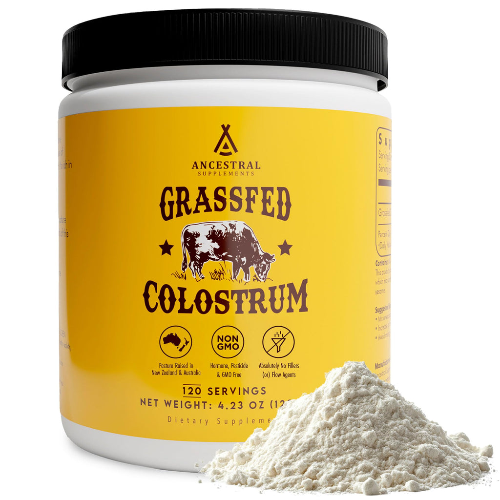 Ancestral Supplements Grass Fed Beef Colostrum Supplement, 3000mg, 180 Ct | Bovine colostrum capsules support immune health, gut health, athletic performance and healthy iron levels.