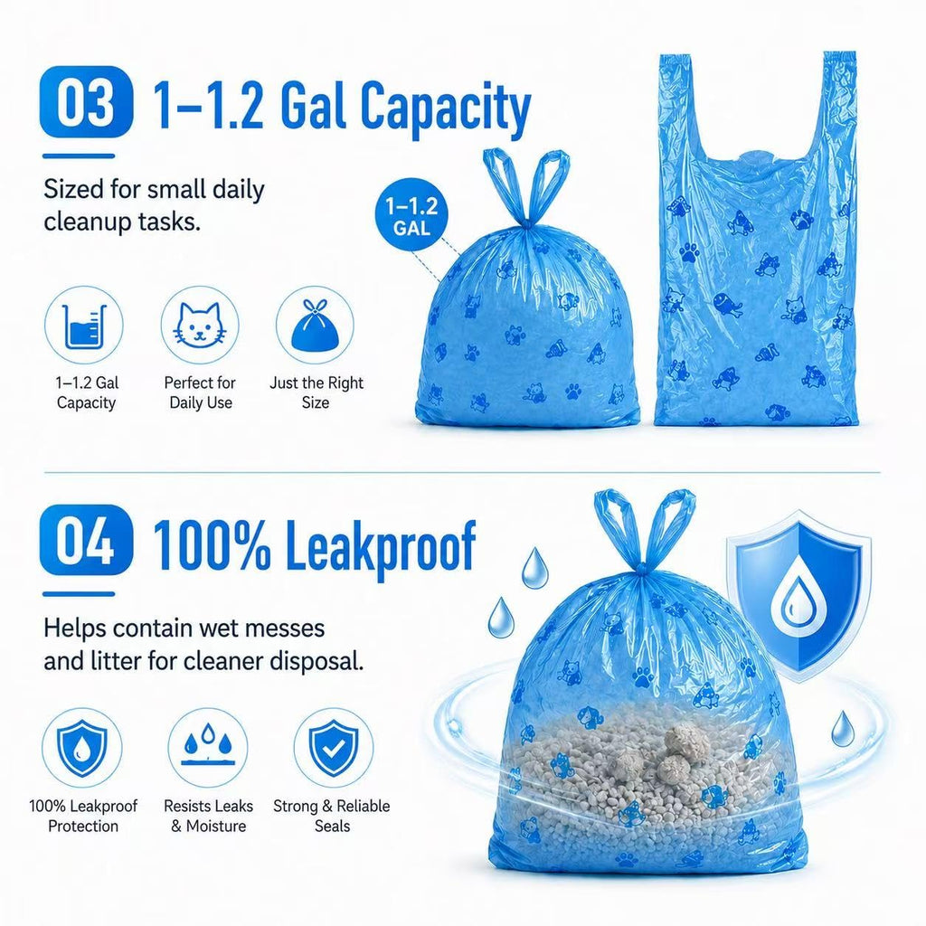 Odor Sealing Cat Litter Poop Clump Pick-Up Bags with Handles Scoop Tie Bags Dog Waste Bag, Leak Proof Pet Disposal, Unscented, 100 bags