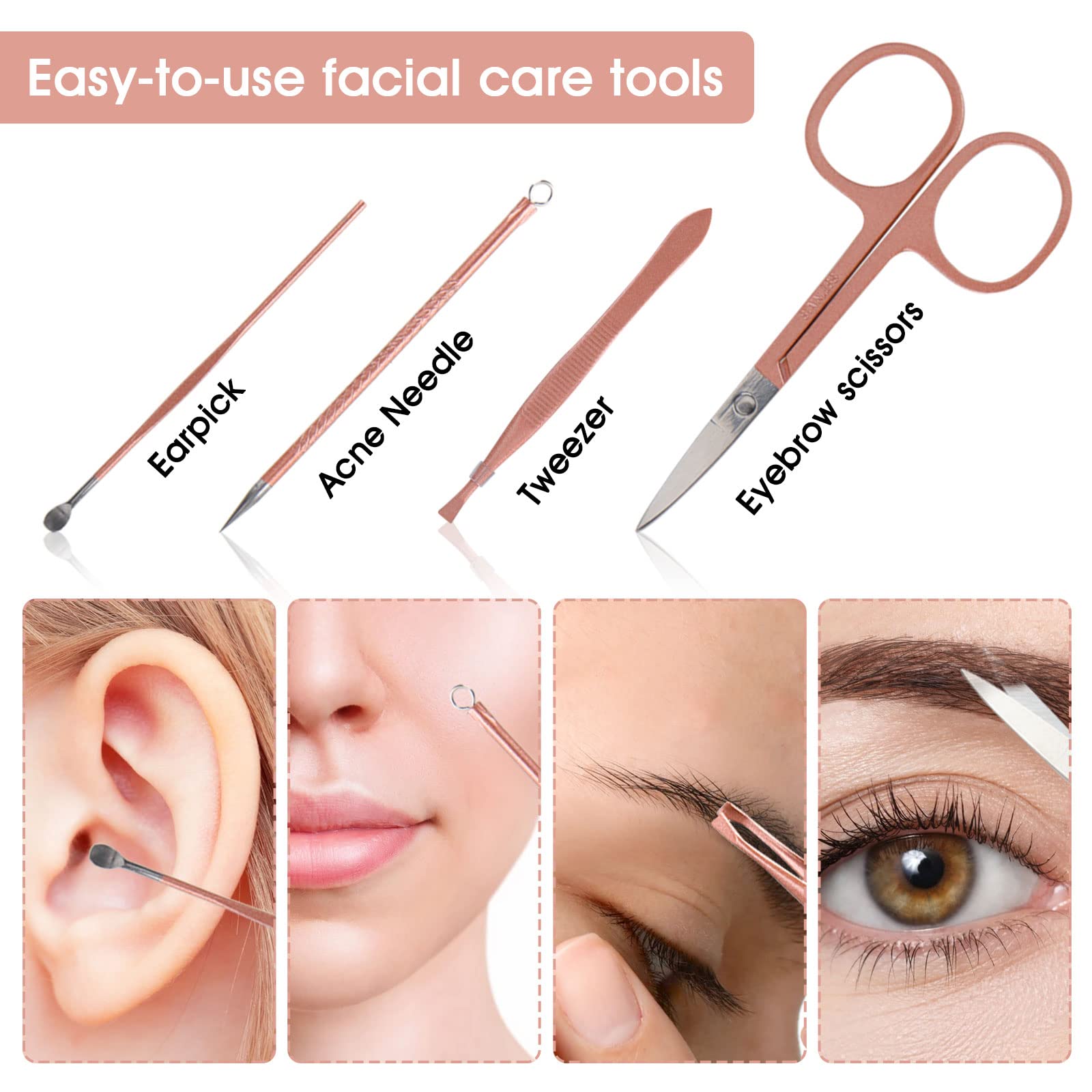 Nail Clippers & Beauty Tool Portable Set, Rose Gold Manicure Set, 12 in 1. | Martensitic Stainless Steel, Pink Leather Bag, Suitable for Home, Workplace, Outdoor Travel, Gift Giving, Salon.