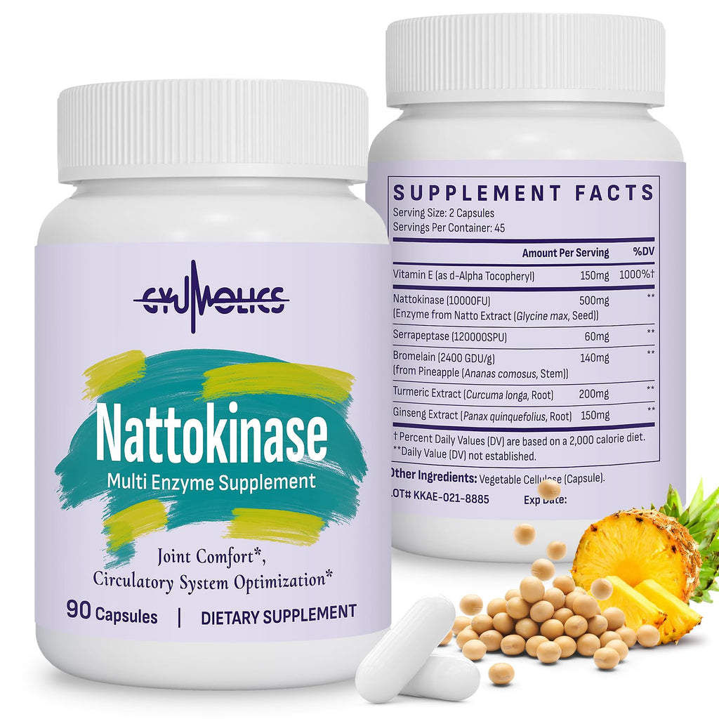 Nattokinase Supplement 10000 Fu Organic Nattokinase 90 Capsules | Multi-Enzyme Supplement with Serrapeptase, Bromelain, Curcumin, Vitamin E & Ginseng, for Movement Comfort & Body Circulation