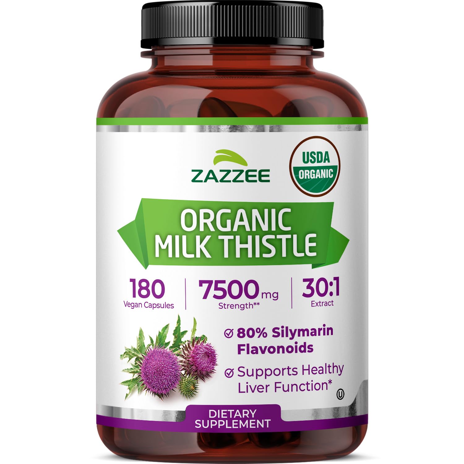 Zazzee USDA Organic Milk Thistle 30:1 Extract, 80% Silymarin, 120 Capsules | Vegan, 4 Month Supply, Certified Kosher, High Potency Liver & Antioxidant Support, Silybum Marianum, Non-GMO, Made in the USA