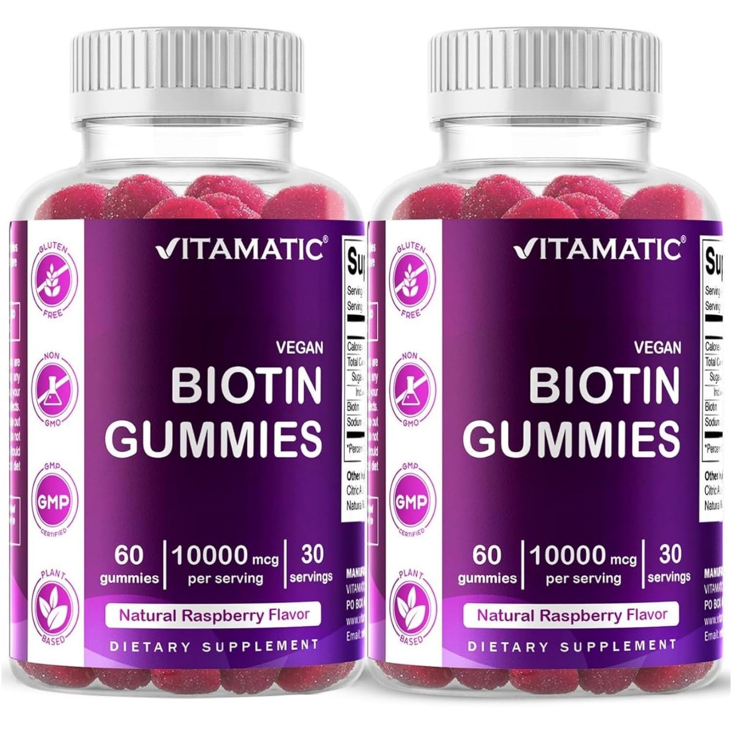 Vitamatic Biotin 10,000 mcg, 60 Vegan Gummies, Raspberry Flavor-2 Pack | 10000 mcg Per Serving, Natural Raspberry Flavor, Pectin Based, Non-GMO, Gluten Free, GMP Certified