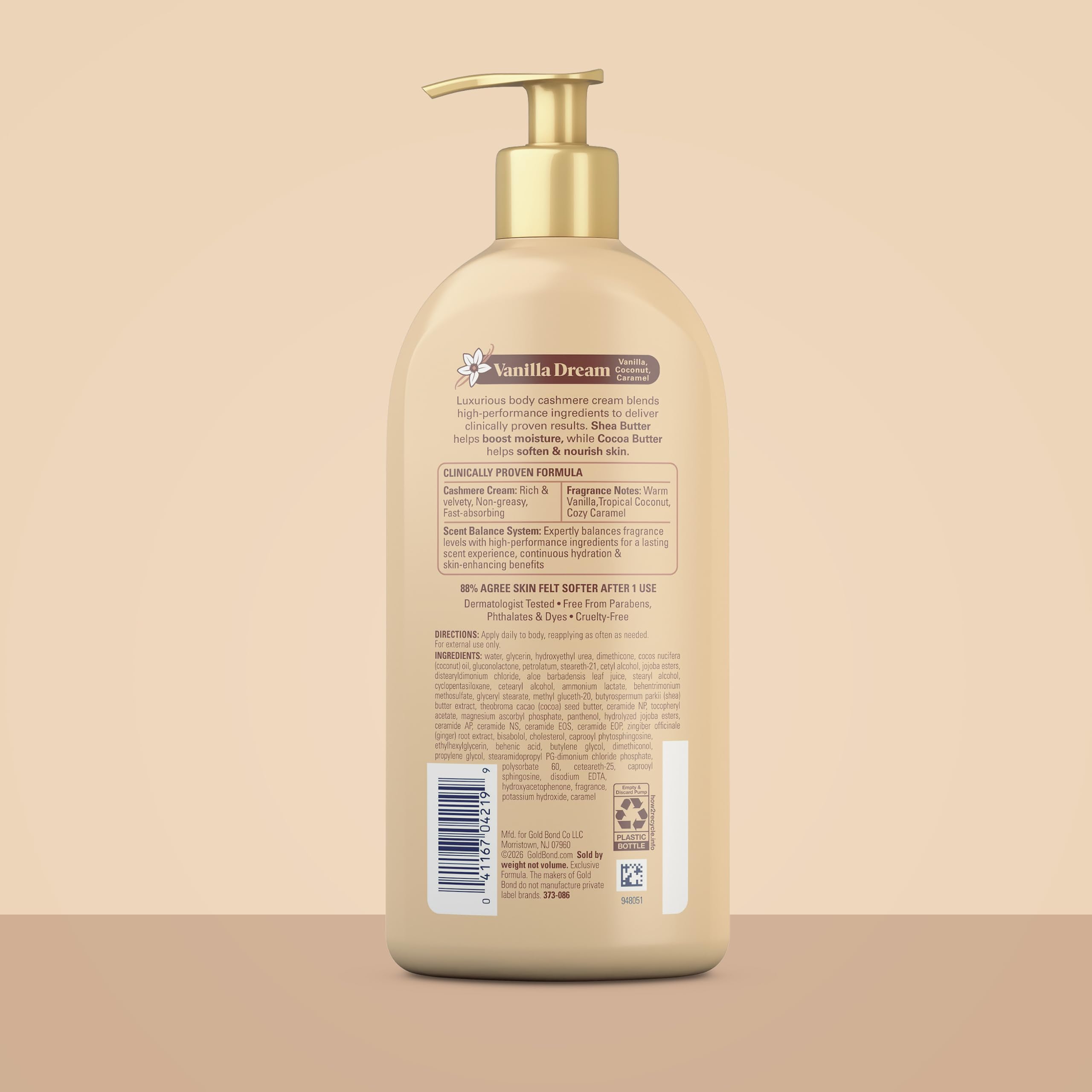 Gold Bond Softening Cashmere Cream Body Lotion, Vanilla Dream Scent, 24-Hour Hydration with Shea Butter and Cocoa Butter, 14 oz.