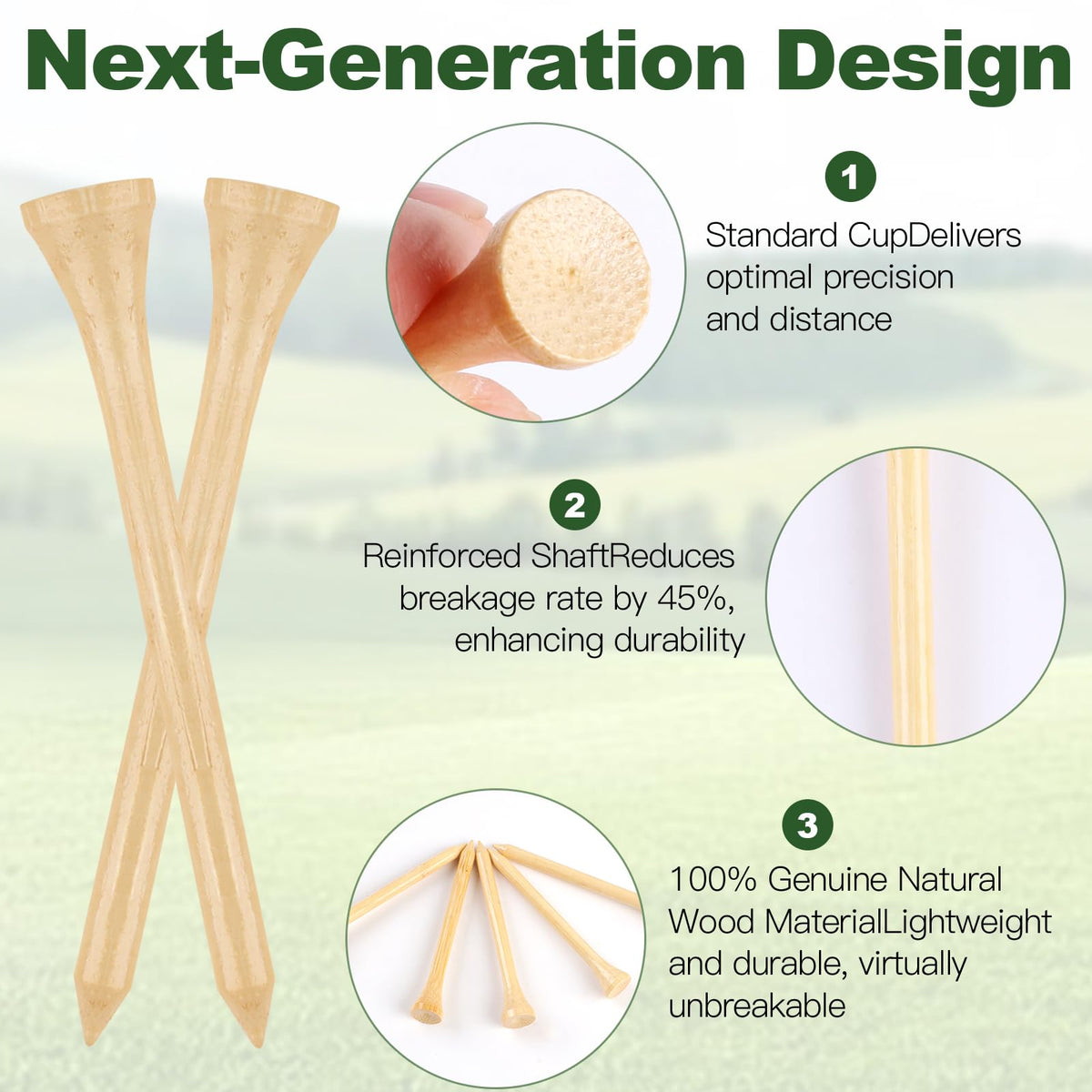 Guirnd 150PCS Professional Wooden Golf Tees 2 3/4 inch Biodegradable Bamboo Golf Tees, Stable and Reliable, Available in Natural Color