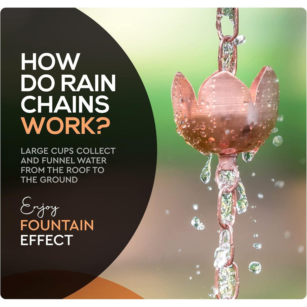 Buy now Copper Rain Chain – Decorative Chimes & Cups Replace Gutter Downspout & Divert Water Away from Home for Stunning Fountain Display – 8.5’ Long for Universal Fit – Flower Style at indiglob india