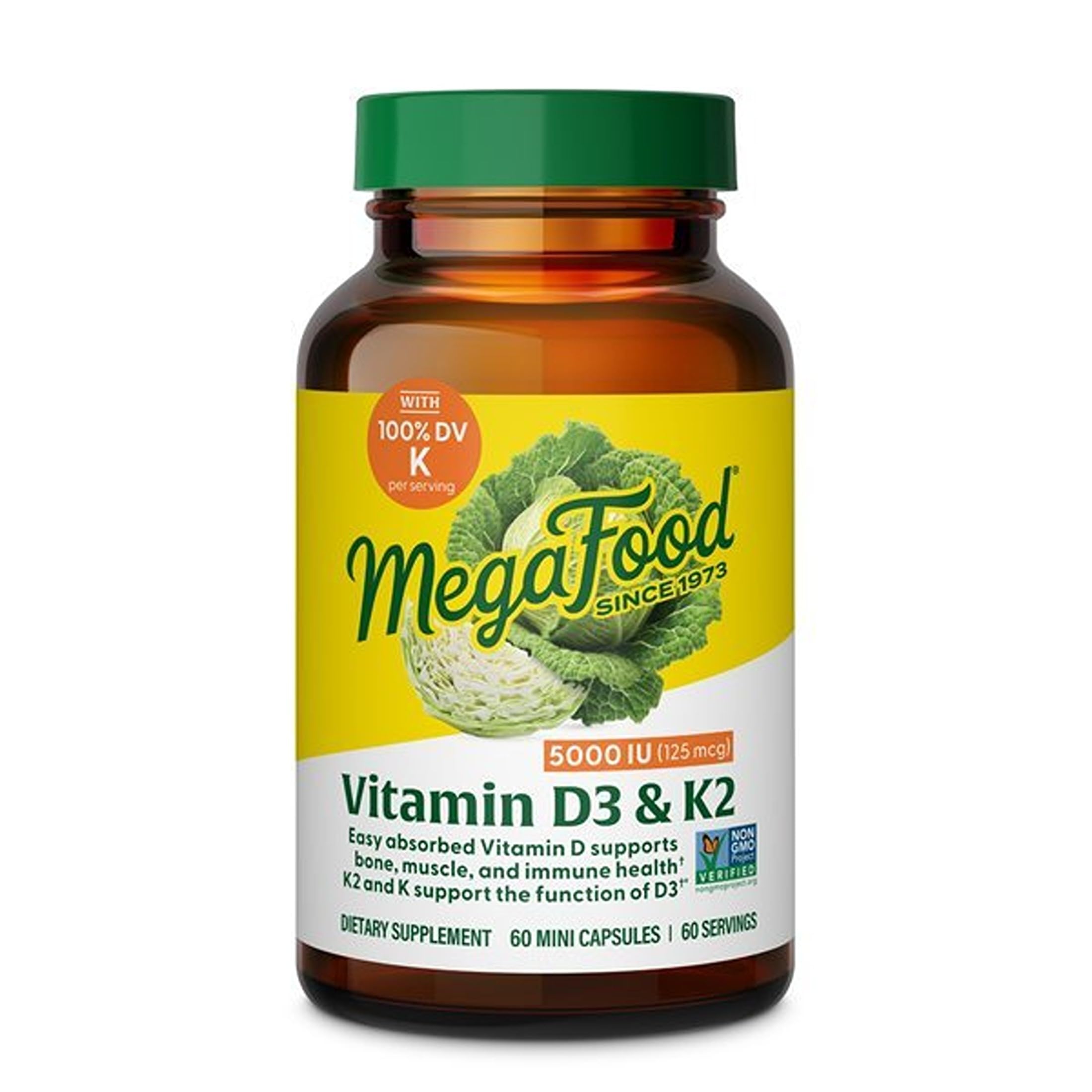 MegaFood Vitamin D3 & K2 5000 IU (125 mcg), 60 Mini Capsules | Supports Bone, Teeth, Muscle & Immune Health, Vitamin K2 & K Support the Function of D3, Non-GMO, Vegetarian, 60 Servings