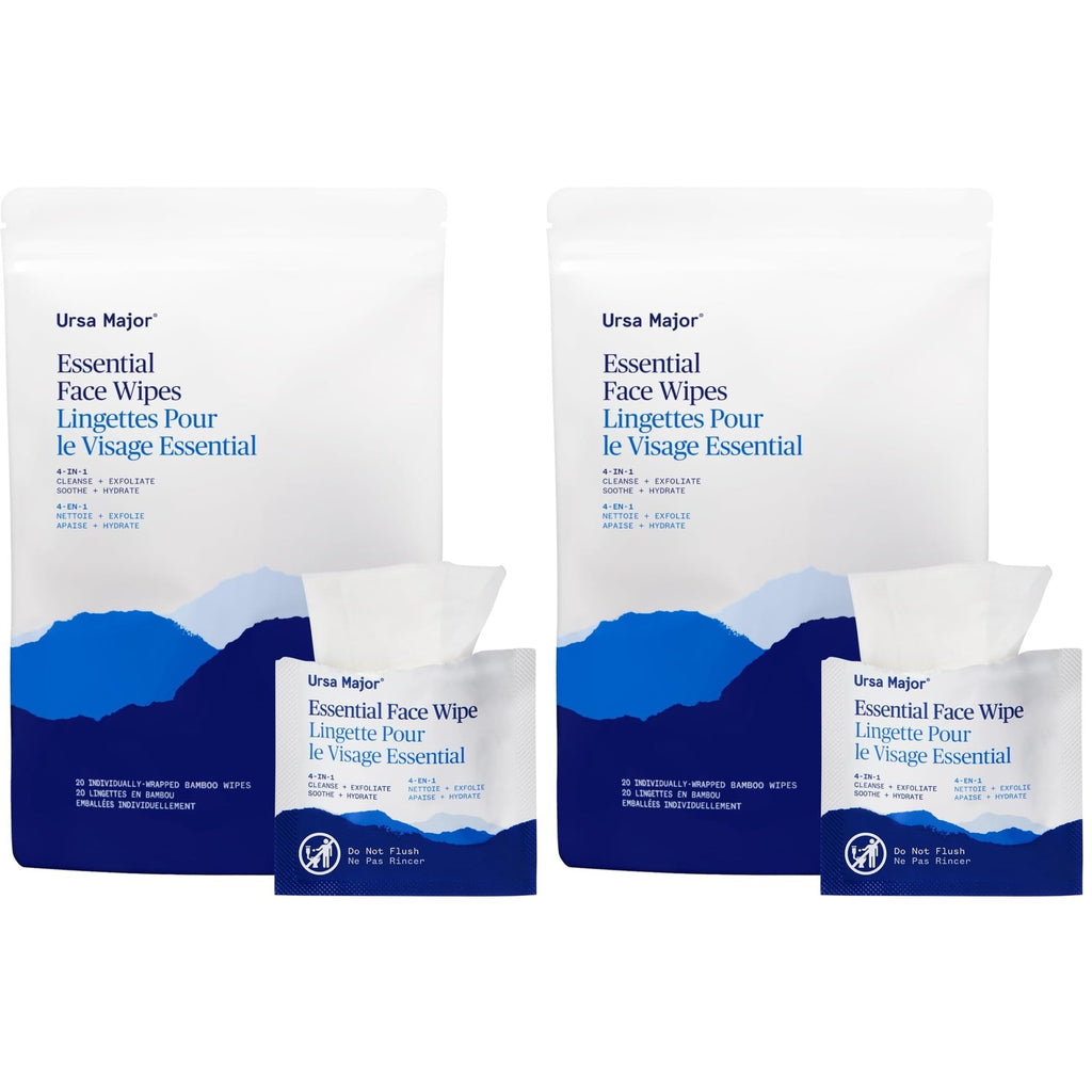 Ursa Major Essential Face Wipes | Natural, Biodegradable, Cruelty-Free | Cleanse, Exfoliate, Soothe and Hydrate | Individually Wrapped | 20 Count