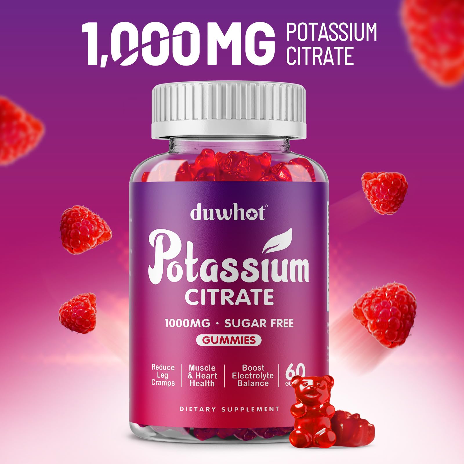 duwhot Potassium Citrate 1000mg Gummies, 60 Chewables | Potassium Supplement for Adults Women & Men, Support Leg Cramps & Muscle Health