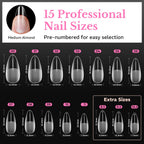 Explore 600pcs of genuine Medium Almond Nail Tips, featuring 15 sizes for precise, professional nail design.