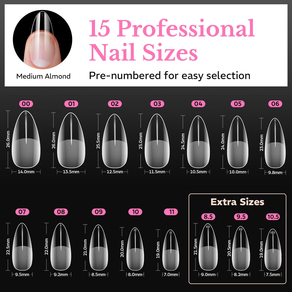 Explore 600pcs of genuine Medium Almond Nail Tips, featuring 15 sizes for precise, professional nail design.