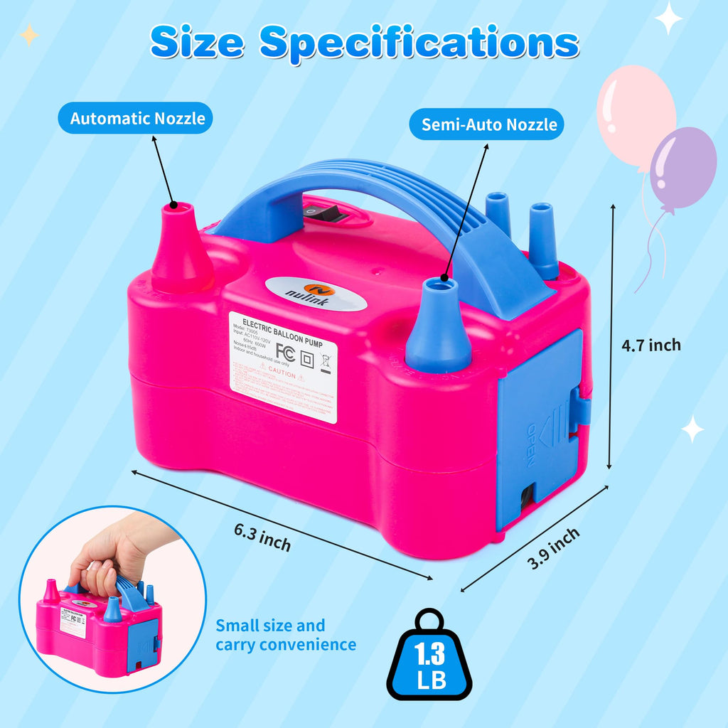 Balloon Pump Electric Portable Dual Nozzle Air Pump for Balloons Blower Pump Inflator for Decoration, Birthday Party [110V~120V, 600W, Bright Pink]