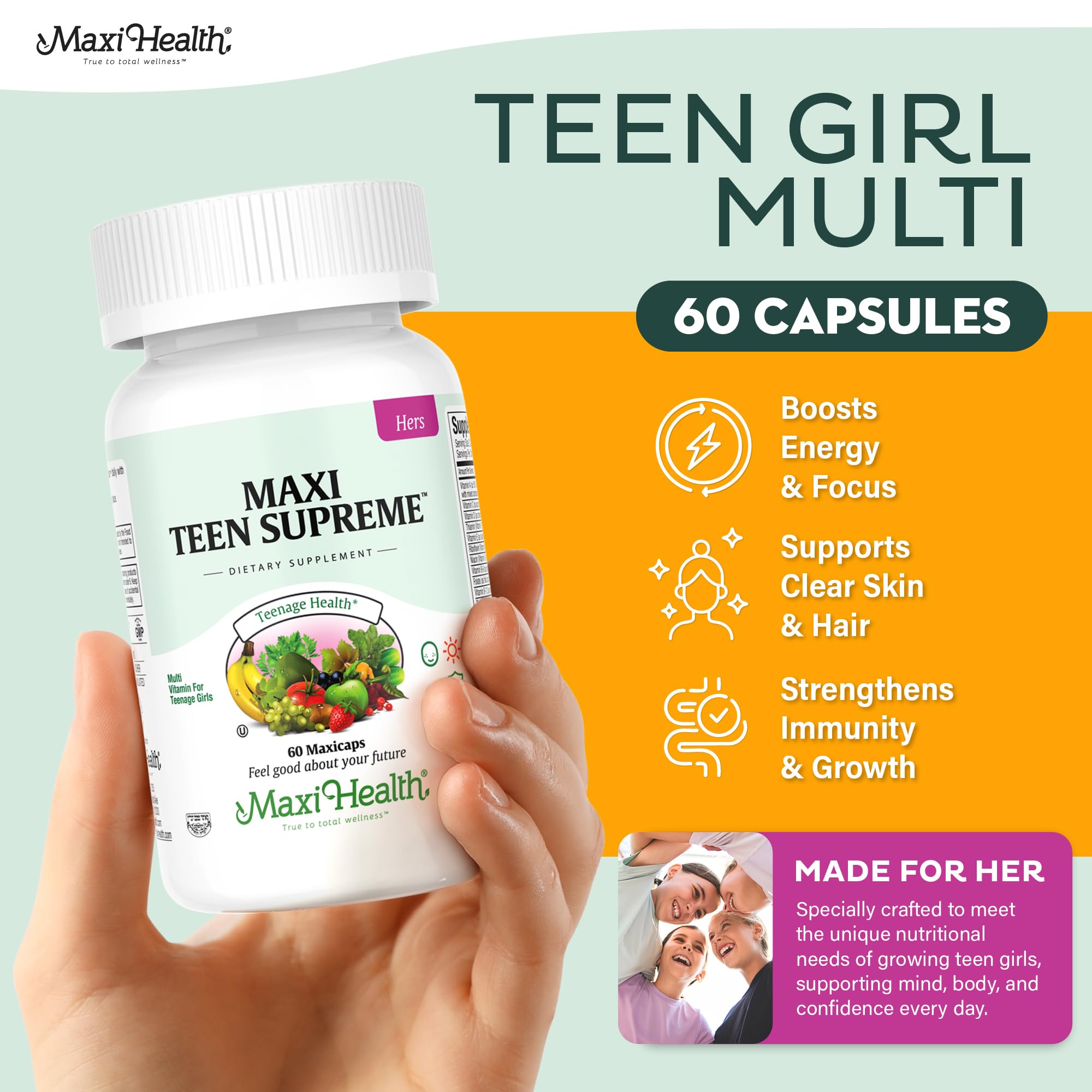 Maxi Health® Teen Vitamins for Girls 12-17, Teen Multivitamin (60 Count) | D3, Iron, Calcium, Biotin & Zinc | Skin, Immune & Mood Support | Kosher | Non-GMO | Doctor Formulated