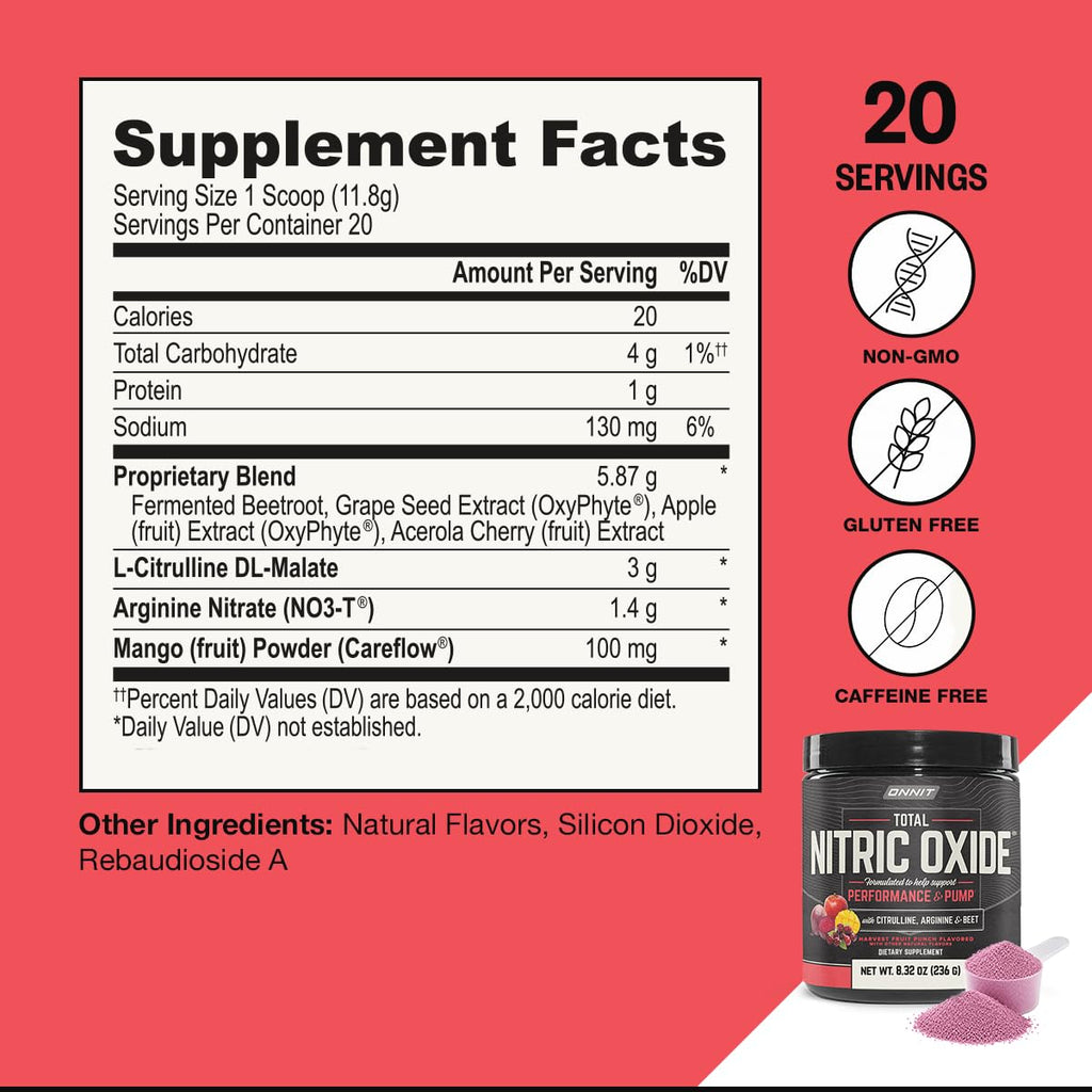 ONNIT Total Nitric Oxide Pre-Workout Powder, Harvest Fruit Punch, 20 SRV