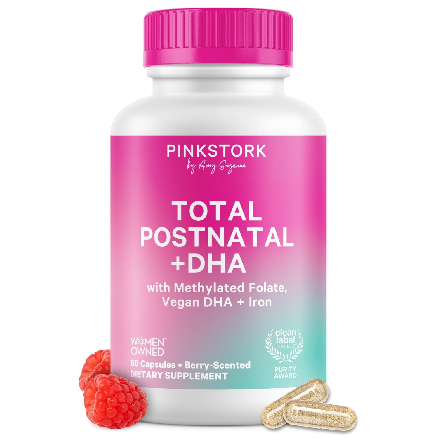 Pink Stork Total Postnatal Vitamins for Women, 60 Capsules, Berry | Clean Label Award, Vegan Algae DHA, No Fishy Burps, Methylated Folate, Iron, Gentle on Stomach, Postpartum + Lactation