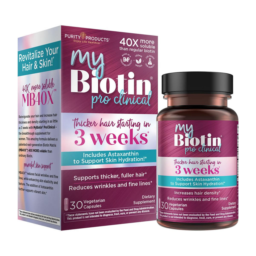 Purity Products MyBiotin ProClinical - Biotin - Thicker Hair in 3 Weeks | Fights Wrinkles, MB40X Patented Biotin Vitamin B7 Matrix w/Astaxanthin - 40X More Soluble vs Ordinary Biotin, 90 Veg Capsules