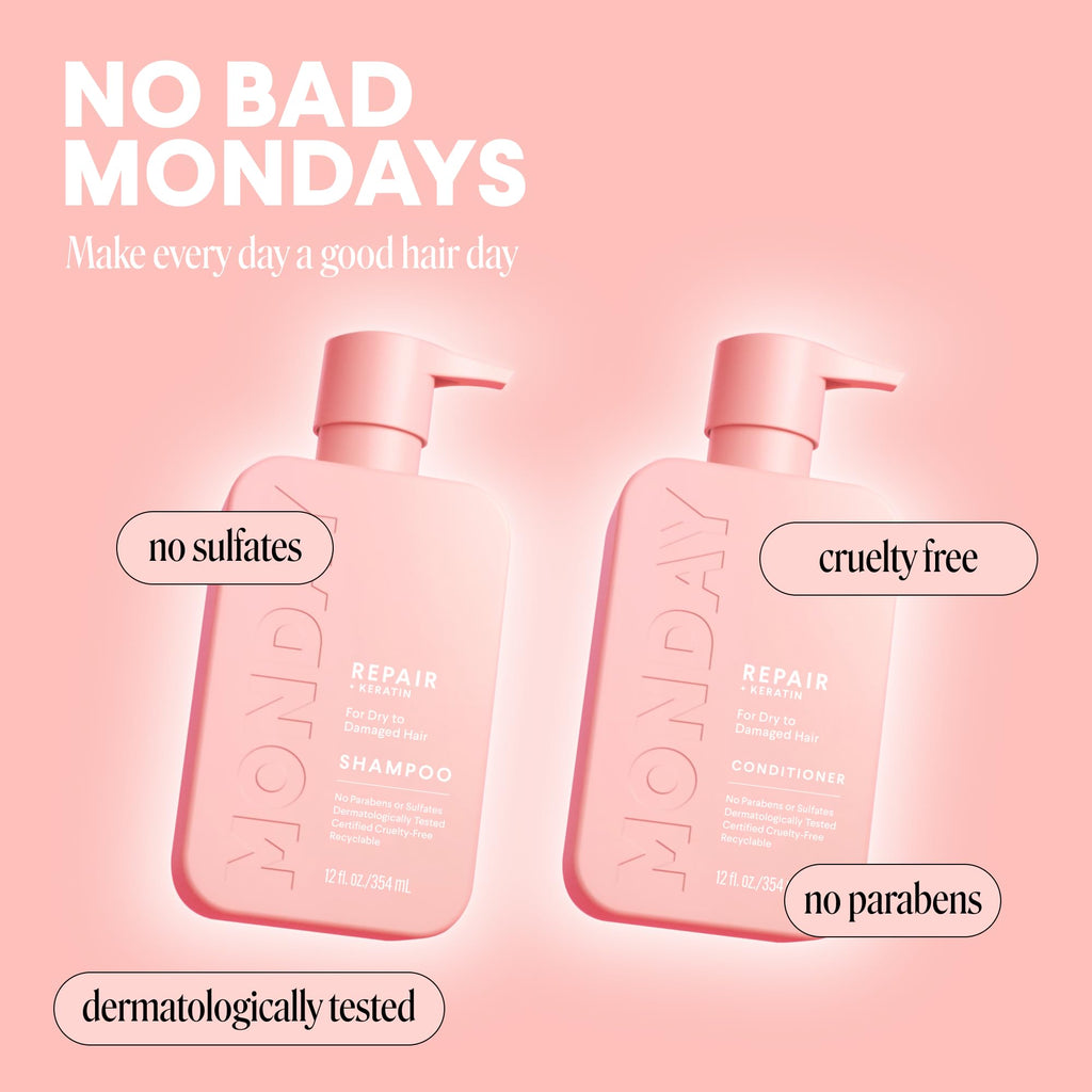 MONDAY HAIRCARE Repair Shampoo and Conditioner Set (2 Count) 12 oz For Dry to Damaged Hair Made with Keratin, Coconut Oil, Shea Butter, and Vitamin E