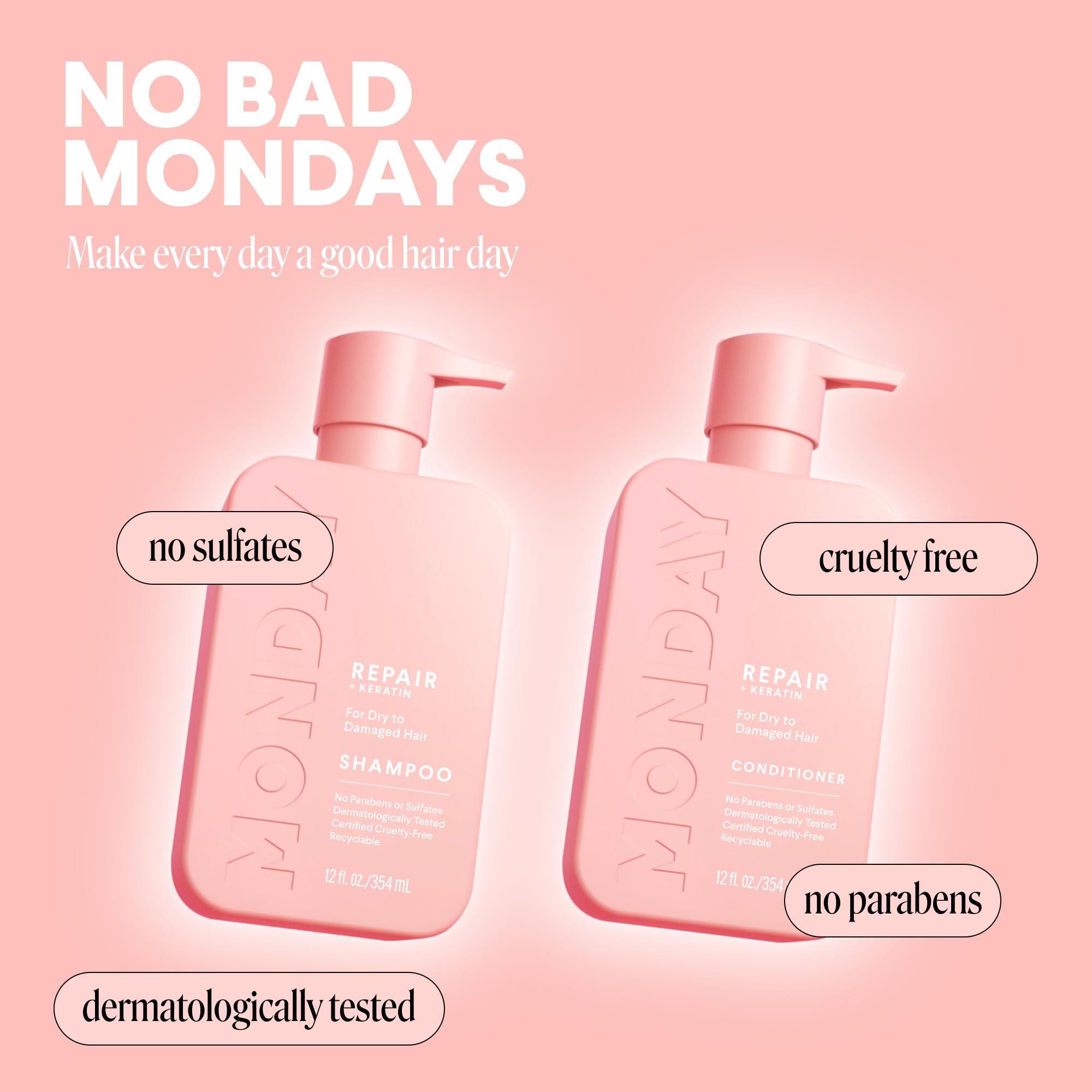 MONDAY HAIRCARE Repair Shampoo and Conditioner Set (2 Count) 12 oz For Dry to Damaged Hair Made with Keratin, Coconut Oil, Shea Butter, and Vitamin E