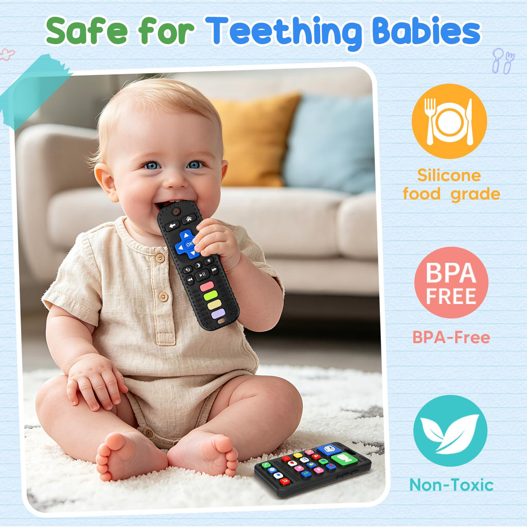 2 Pack Remote & Phone Teething Toys for 0-6 6-12 Months, BPA Free Silicone