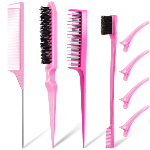 Buy now 8 Pcs Styling Hair Comb Brush Set with Teasing Edge Brush Parting Rat Tail Comb Hairclip for Women Slicking Ponytail and Smoothing Hair(Pink) at indiglob india