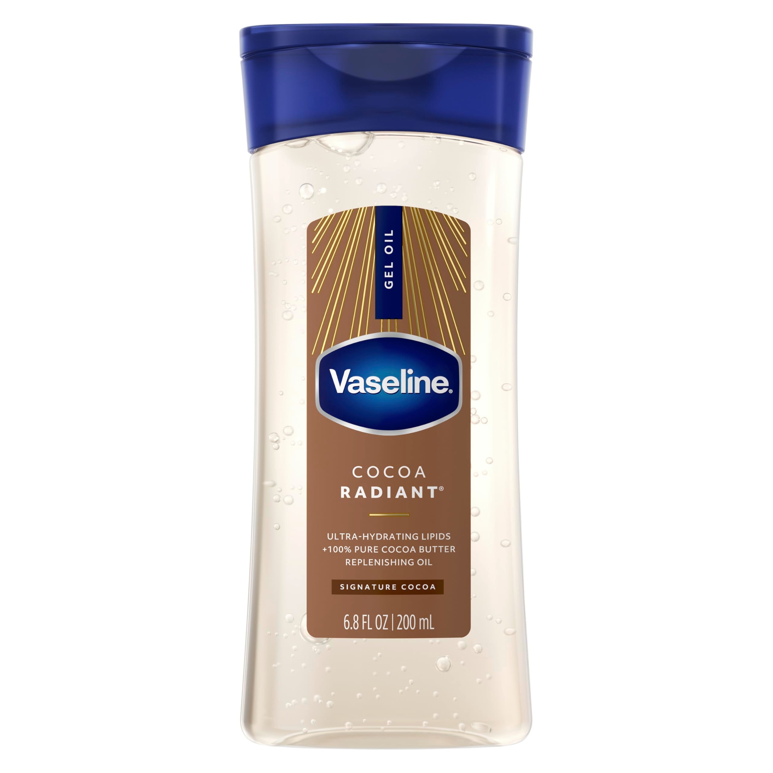 Vaseline Intensive Care Cocoa Radiant for Glowing Skin Body Gel Oil Made with Pure Cocoa Butter + Replenishing Oils 6.8 fl oz | Body moisturizer for dry skin, with 100% Pure Cocoa Butter & Replenishing Oils for a healthy glow, Intensive Care