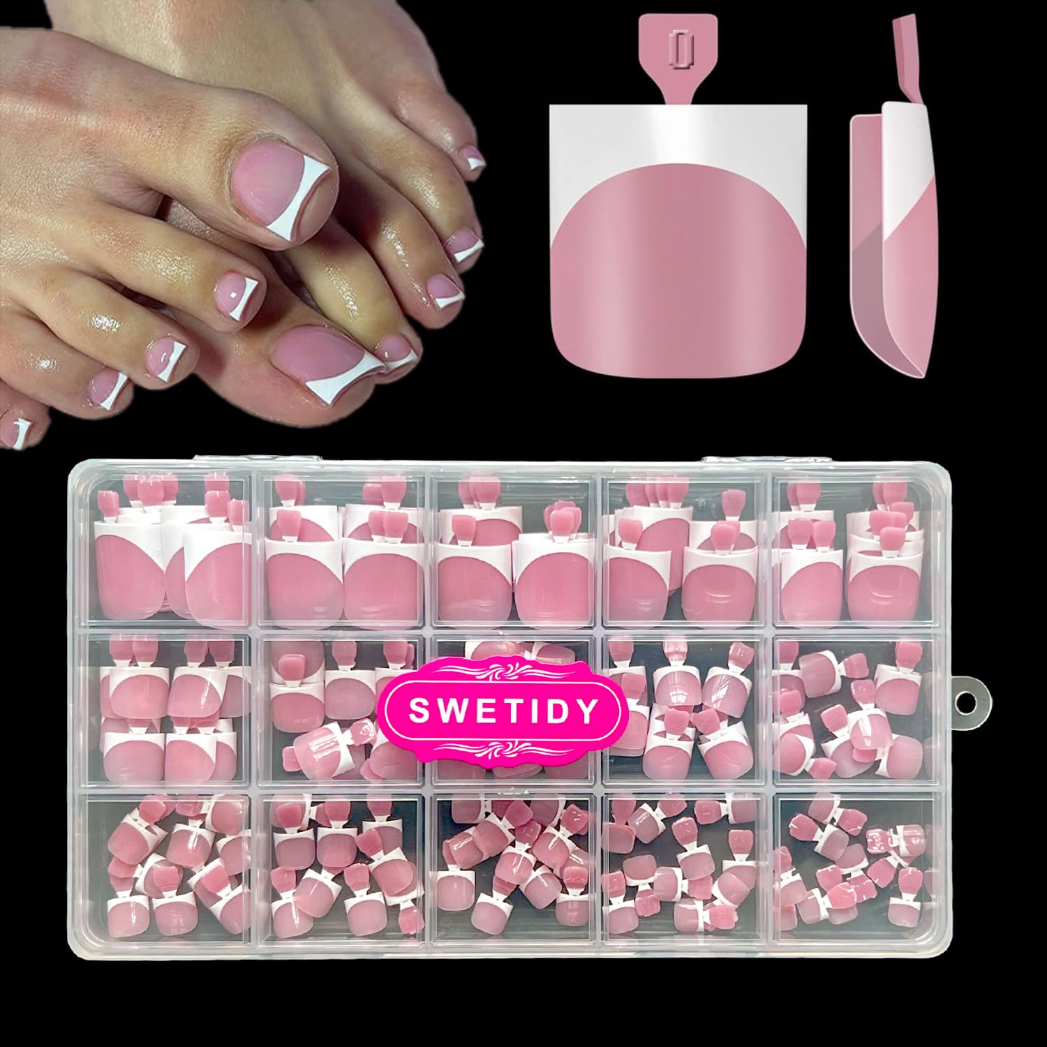 Toe Nail Press Ons, French Square Toe Tips, Press On Nails for Women | 150pcs Pre-Designed Soft Gel Thick False Toenail Extension, Berry Pink Full Cover Acrylic for DIY 15 Sizes