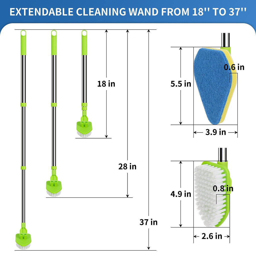 2 in 1 Scrub Cleaning Brush with 37” Long Extendable Handle,1 Stiff Bristle and 3 Sponge Brushes, Lightweigh Detachable Shower Scrubber for Cleaning Bathroom Shower Bathtub Glass Tile Floor