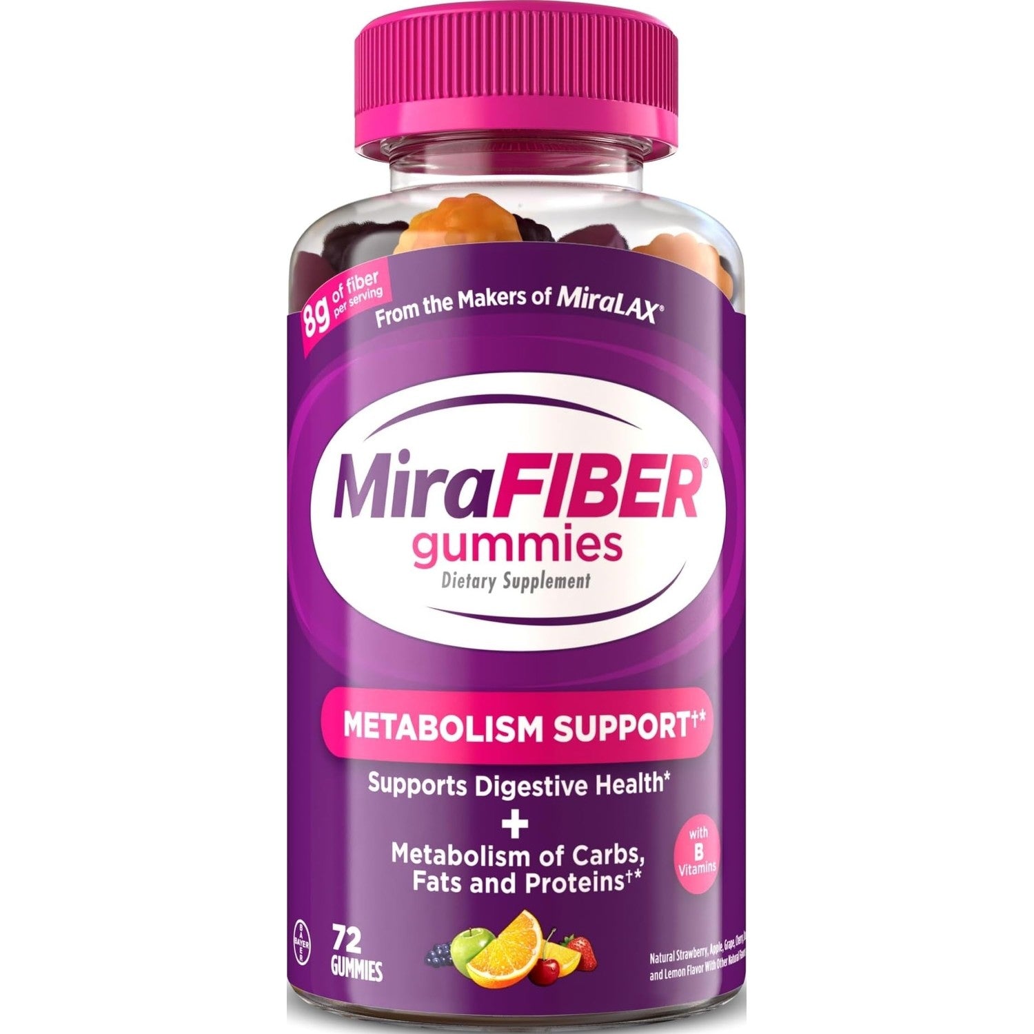 MiraFIBER Gummies, from The Makers of MiraLAX, 8g Per Serving, with B Vitamins, Metabolism Support, Gut Health for Men & Women, Prebiotic Fiber Gummies for Adults, Mixed Fruit Flavor 72Ct