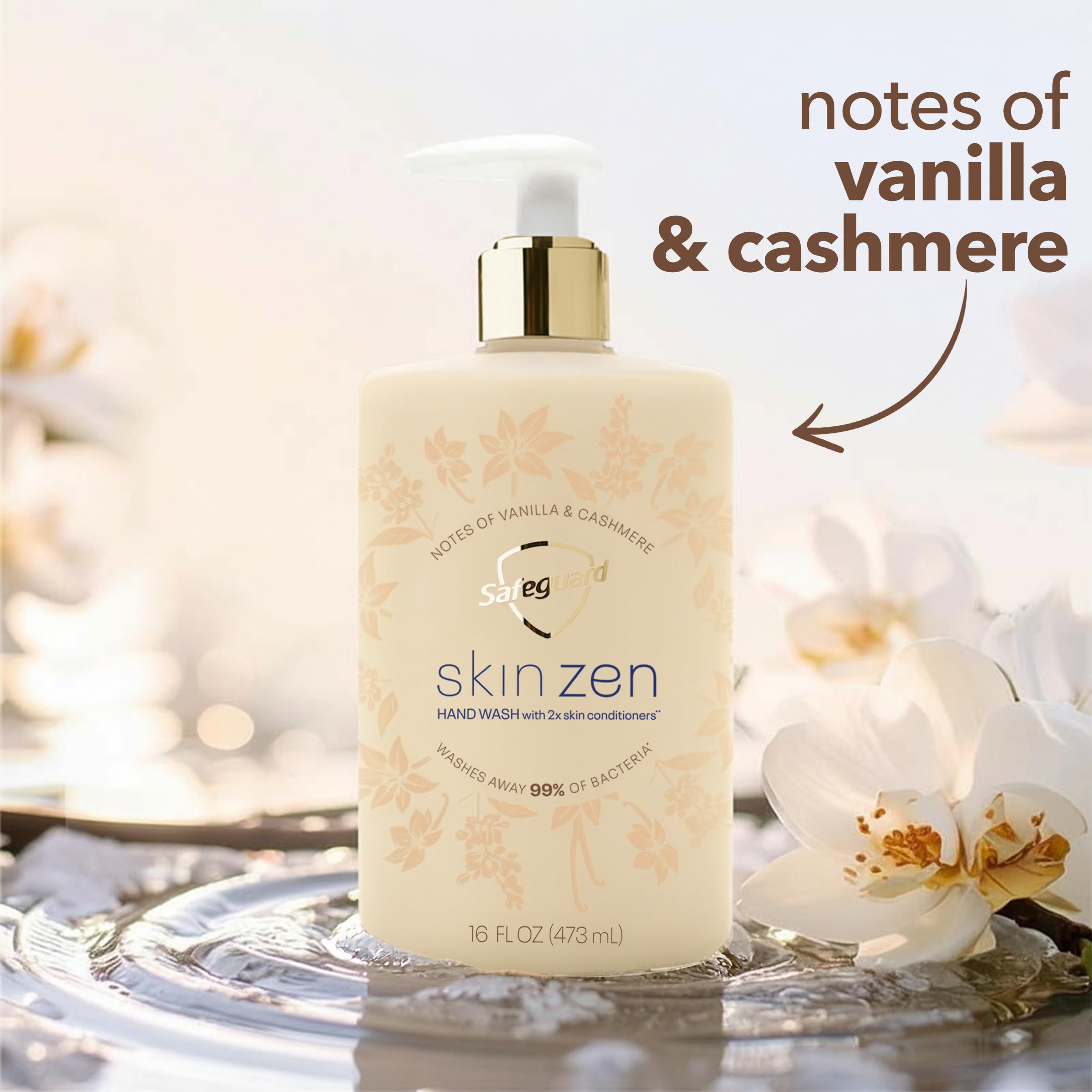 Safeguard Liquid Hand Soap, Skin Zen, Washes Away 99% Bacteria, Made with Natural Moisturizers & 2X Skin Conditioners, Safeguarding Families, PH Balanced Formula, Vanilla & Cashmere Scent, 16 oz