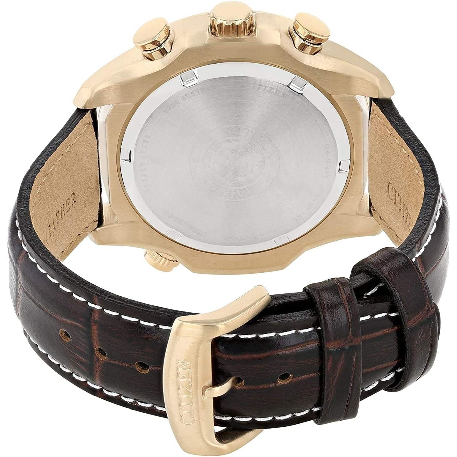Buy now Citizen Men's Eco-Drive Weekender Brycen Chronograph Watch in Gold-tone Stainless Steel, Brown Leather strap (Model: BL5403-03X) at indiglob india