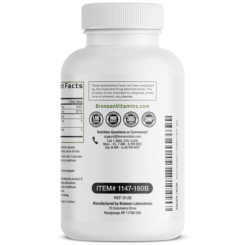 Bronson L-Lysine Defense Immune Support Complex, 1500 mg, 180 Capsules | Essential Amino Acid with Olive Leaf, Garlic, Vitamin C & Zinc, Vegetarian, Non-GMO, Gluten-Free & Soy-Free