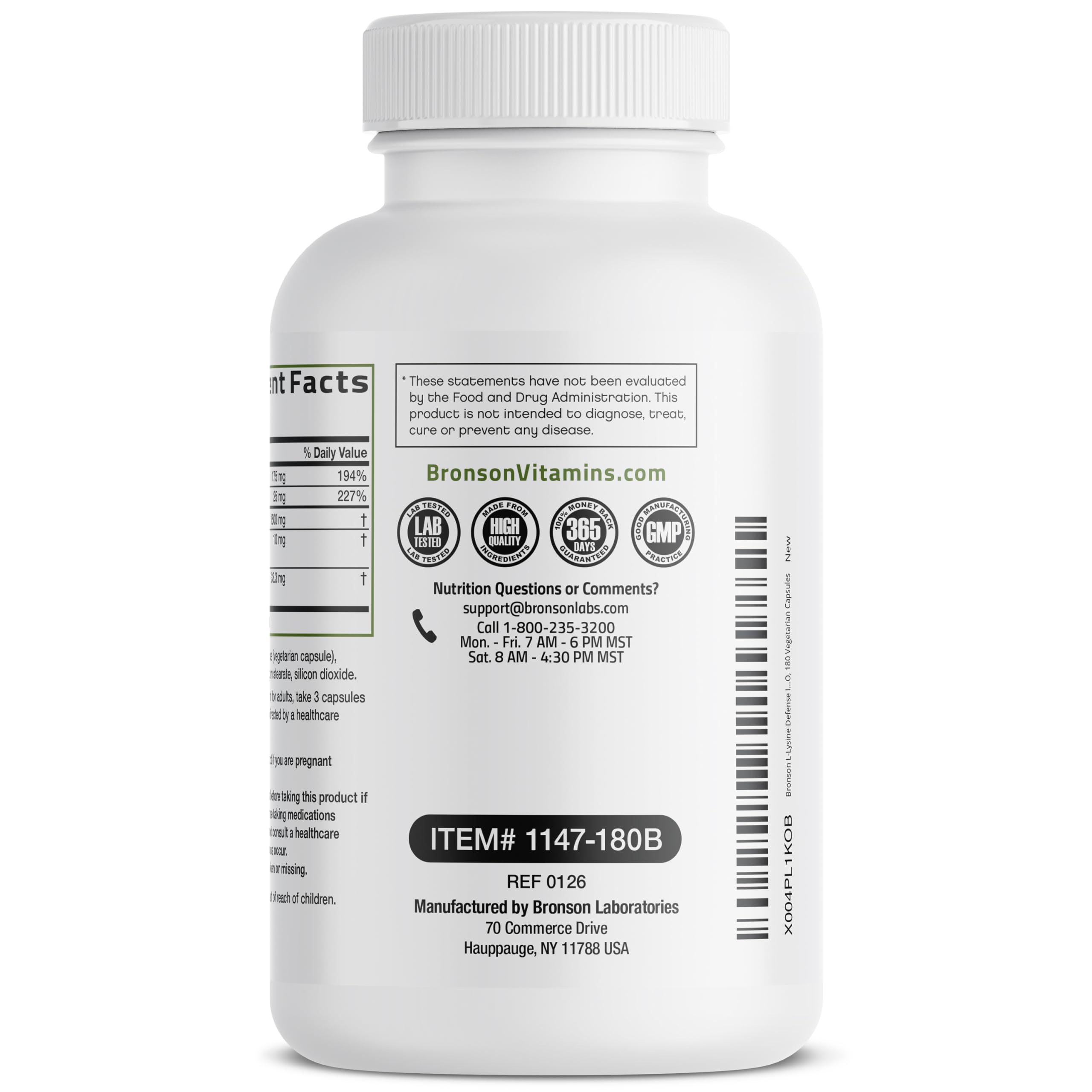 Bronson L-Lysine Defense Immune Support Complex, 1500 mg, 180 Capsules | Essential Amino Acid with Olive Leaf, Garlic, Vitamin C & Zinc, Vegetarian, Non-GMO, Gluten-Free & Soy-Free