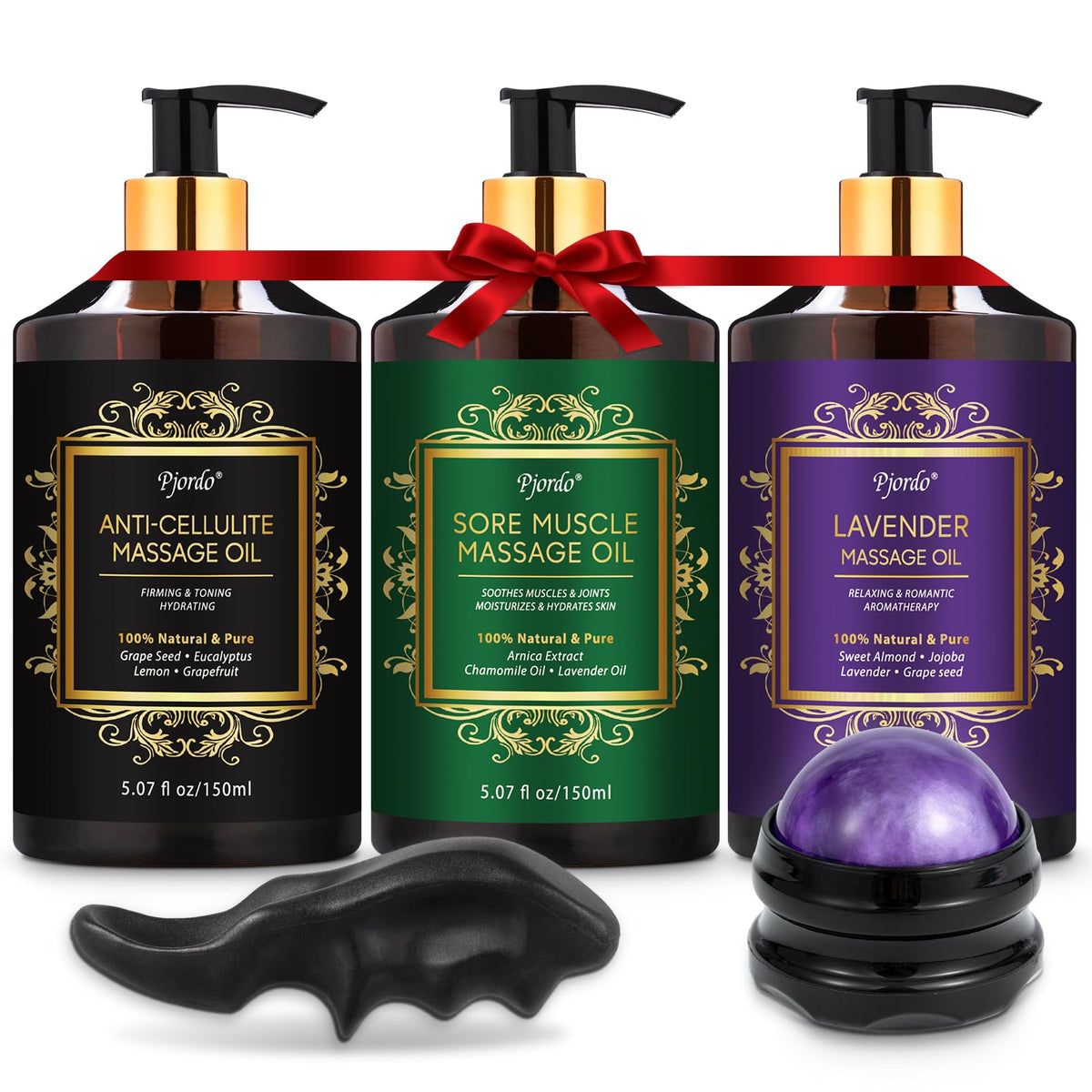 Pjordo 3 Pack Massage Oil for Massage Therapy, Lavender Oil for Relaxation, Sore Muscle Arnica Oil & Cellulite Massage Oil, with Massage Roller Ball & Thumb Saver Tool, Massage Kit for Him Her