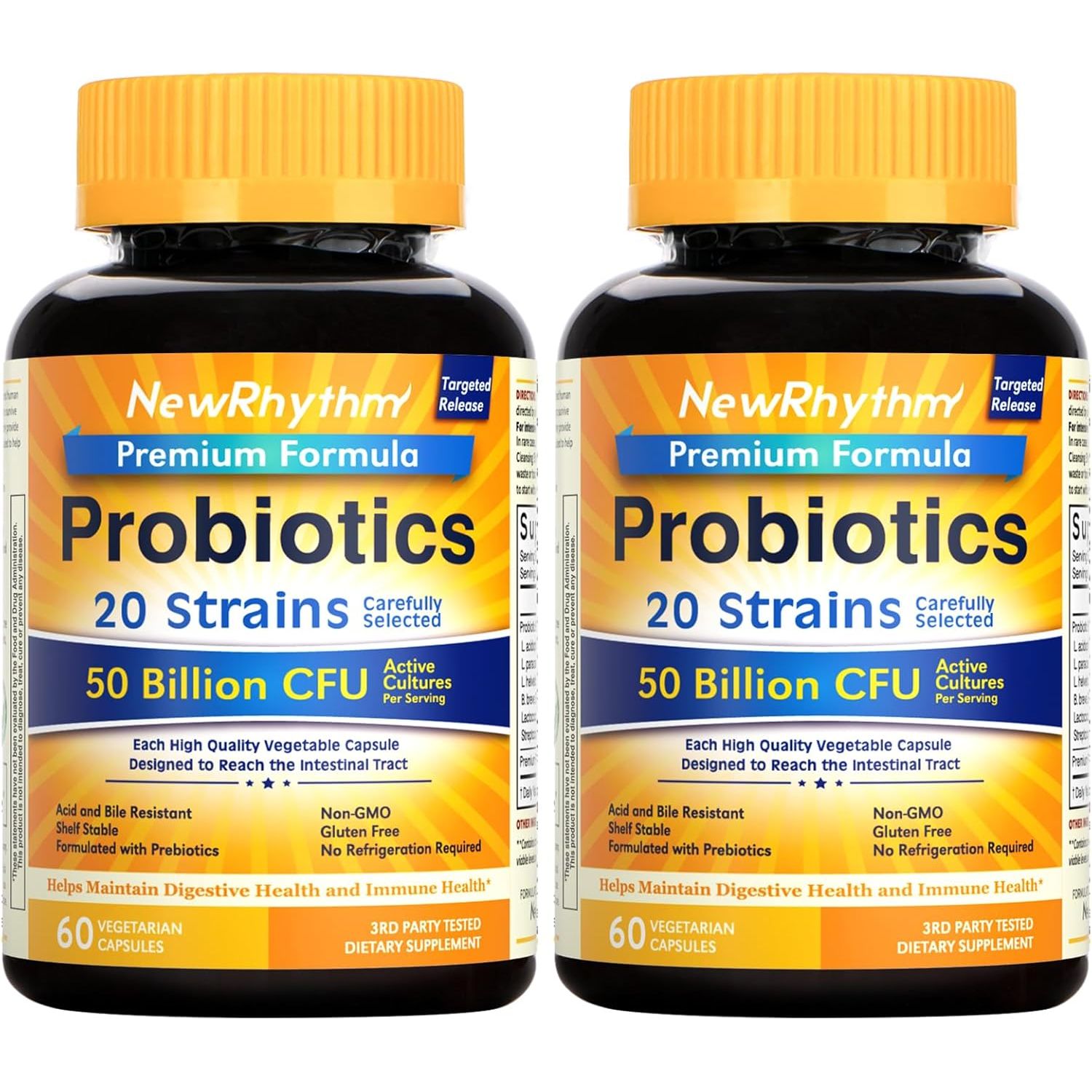 Buy now NewRhythm Probiotics 50 Billion CFU 20 Strains, 60 Veggie Capsules, Targeted Release Technology, Stomach Acid Resistant, No Need for Refrigeration, Non-GMO, Gluten Free 60 Count (Pack of 2) at indiglob india