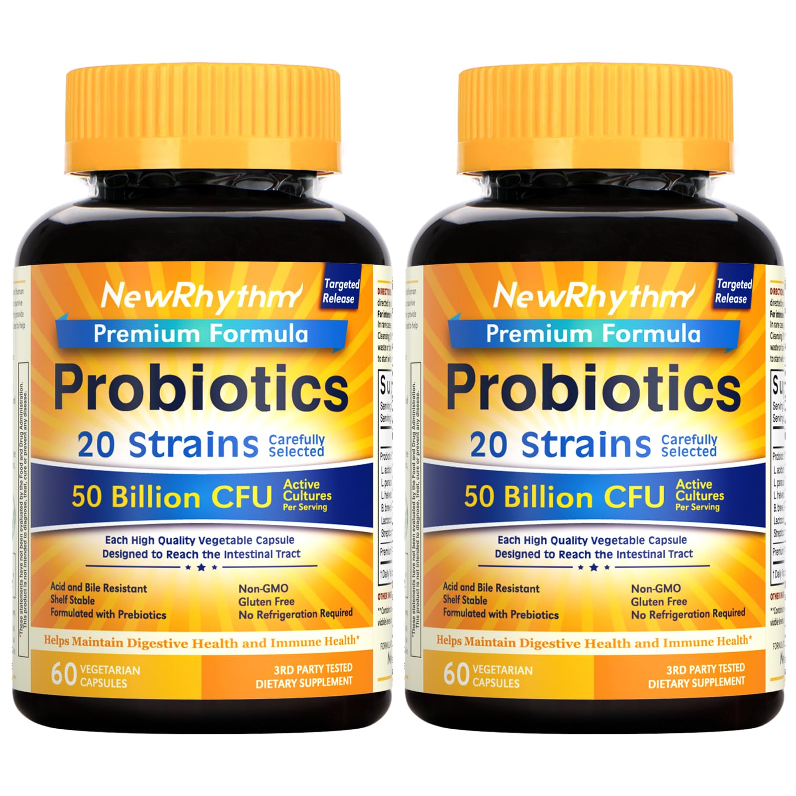 NewRhythm Probiotics 50 Billion CFU 20 Strains, 60 Veggie Capsules, Targeted Release Technology, Stomach Acid Resistant, No Need for Refrigeration, Non-GMO, Gluten Free