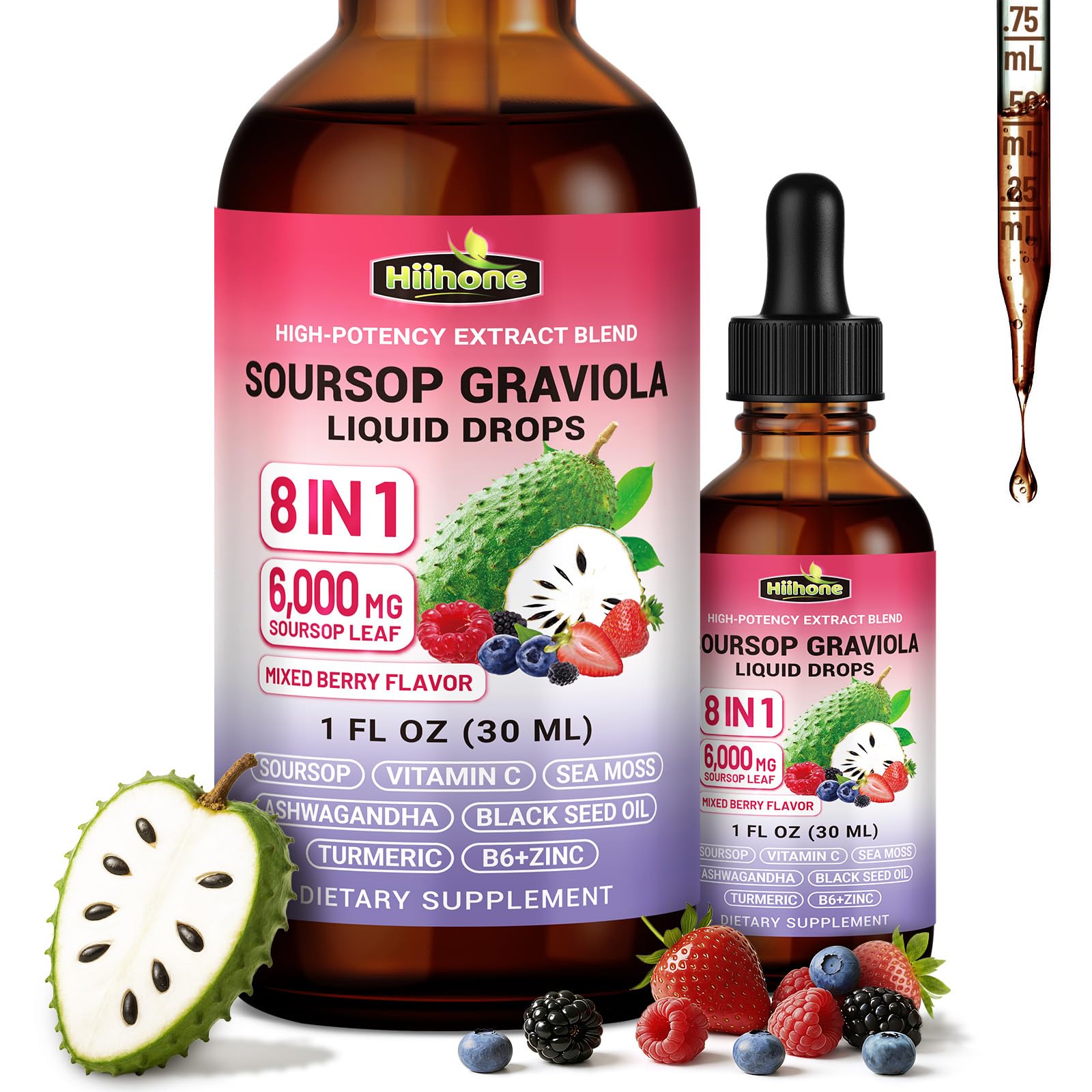 Herbs 8-in-1 Soursop Graviola Bitters Liquid Drops, 1 fl oz | Soursop Leaf Extract Drops, Sea Moss, Ashwagandha & Turmeric, Immune, Liver, Antioxidant & Sleep Support, Alcohol-Free