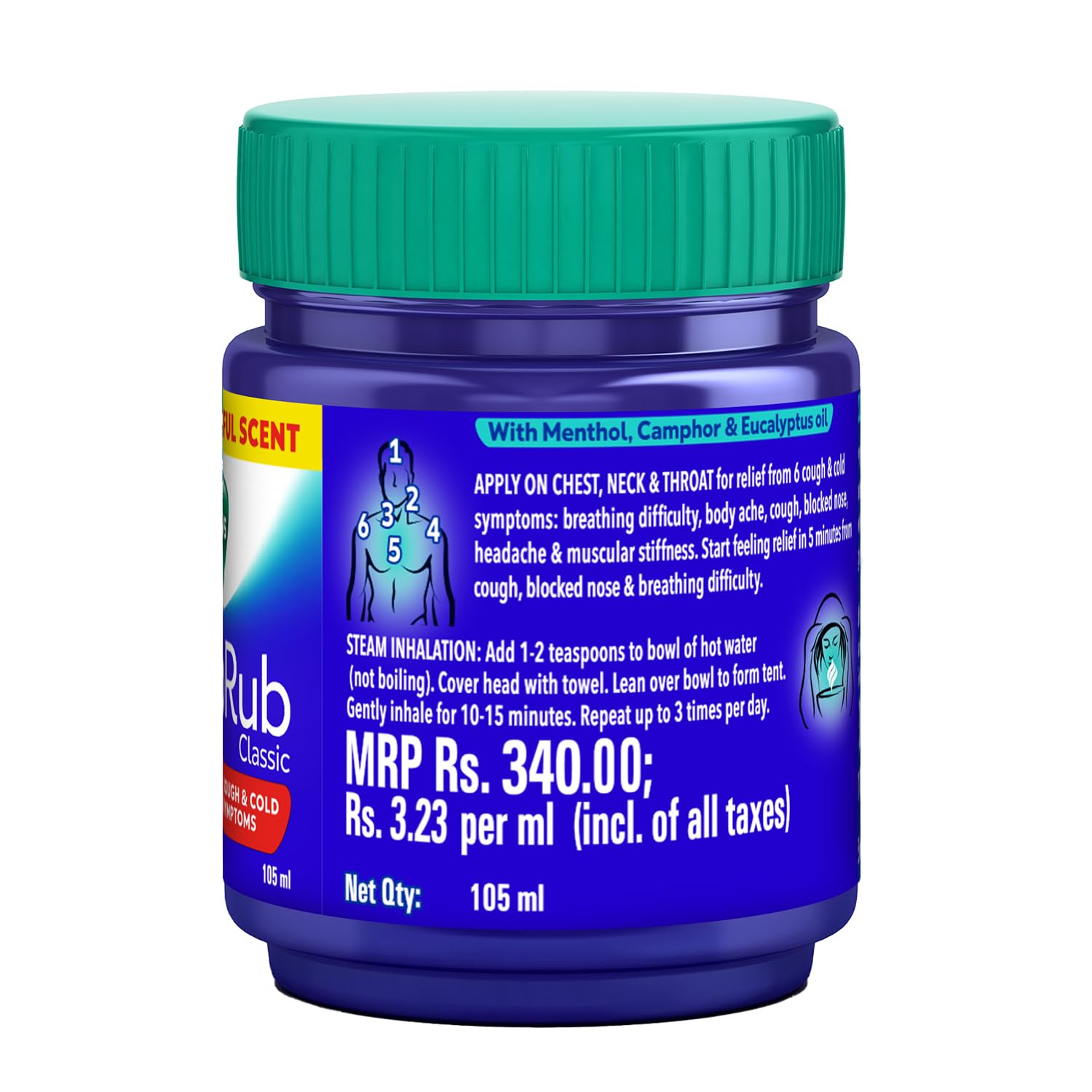 Buy now Vicks Vaporub Relief from Cold, Cough, Blocked Nose, Headache, Body ache, Muscular Stiffness and Breathing Difficulty, 105ml at indiglob india