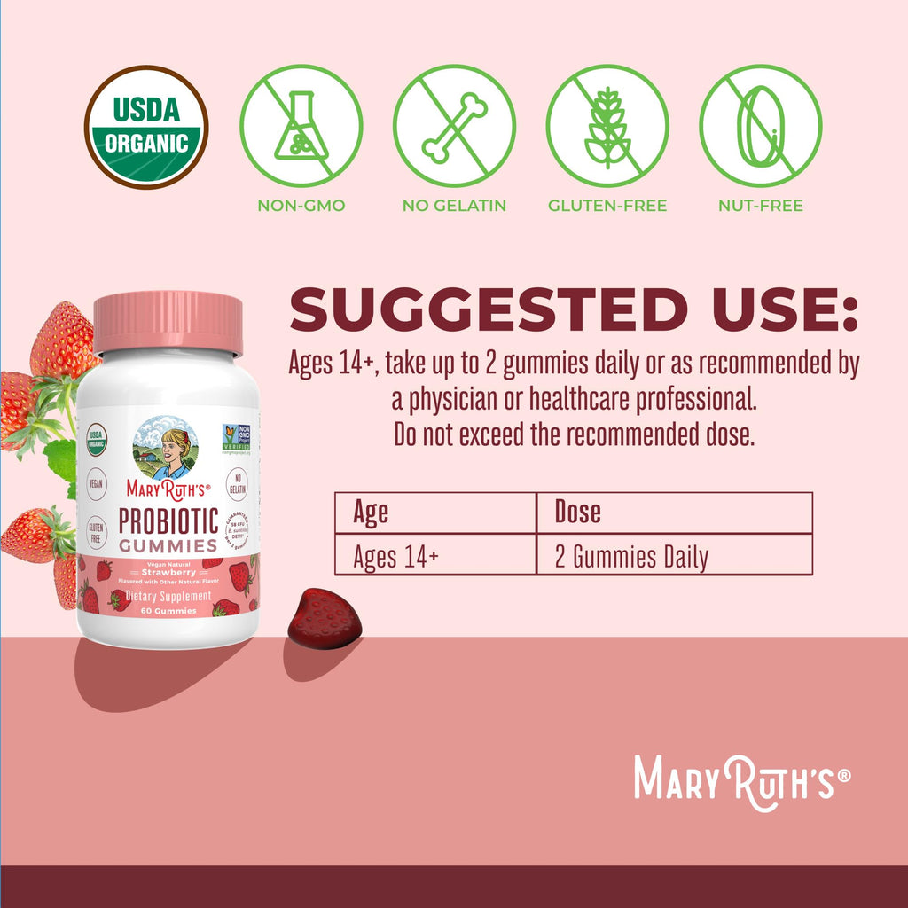 MARYRUTH'S USDA Organic Probiotic Gummies Probiotic Digestive Support | Immune Support | Digestive & Gut Health Supplement | 5 Billion CFU | Vegan | Non-GMO | Gluten Free | 60 Count