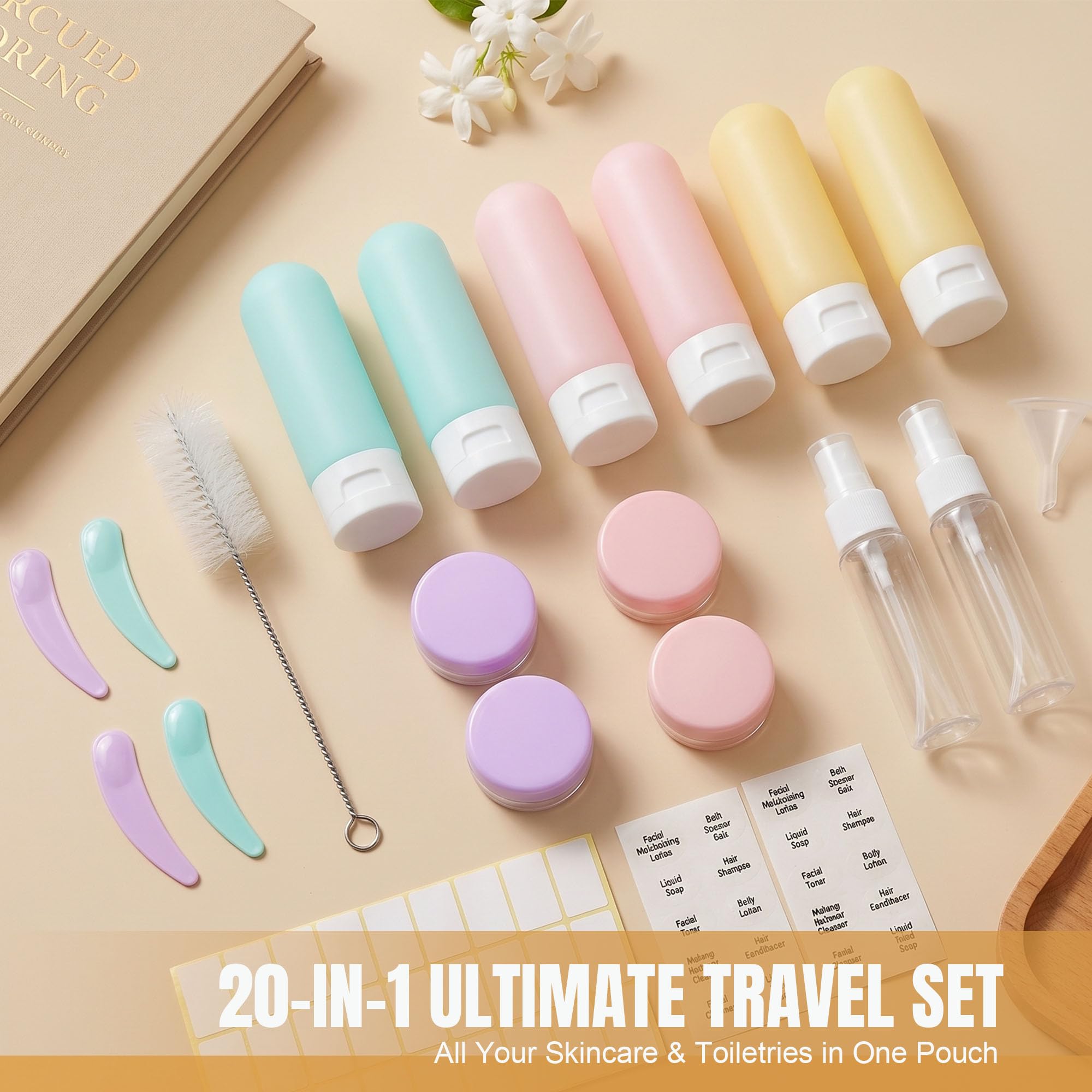 DEWSENSI 20 Pack Travel Bottles Set for Toiletries | TSA Approved, Leak Proof, Plastic Travel Size Containers, Refillable Accessories for Shampoo Conditioner Lotion Liquids