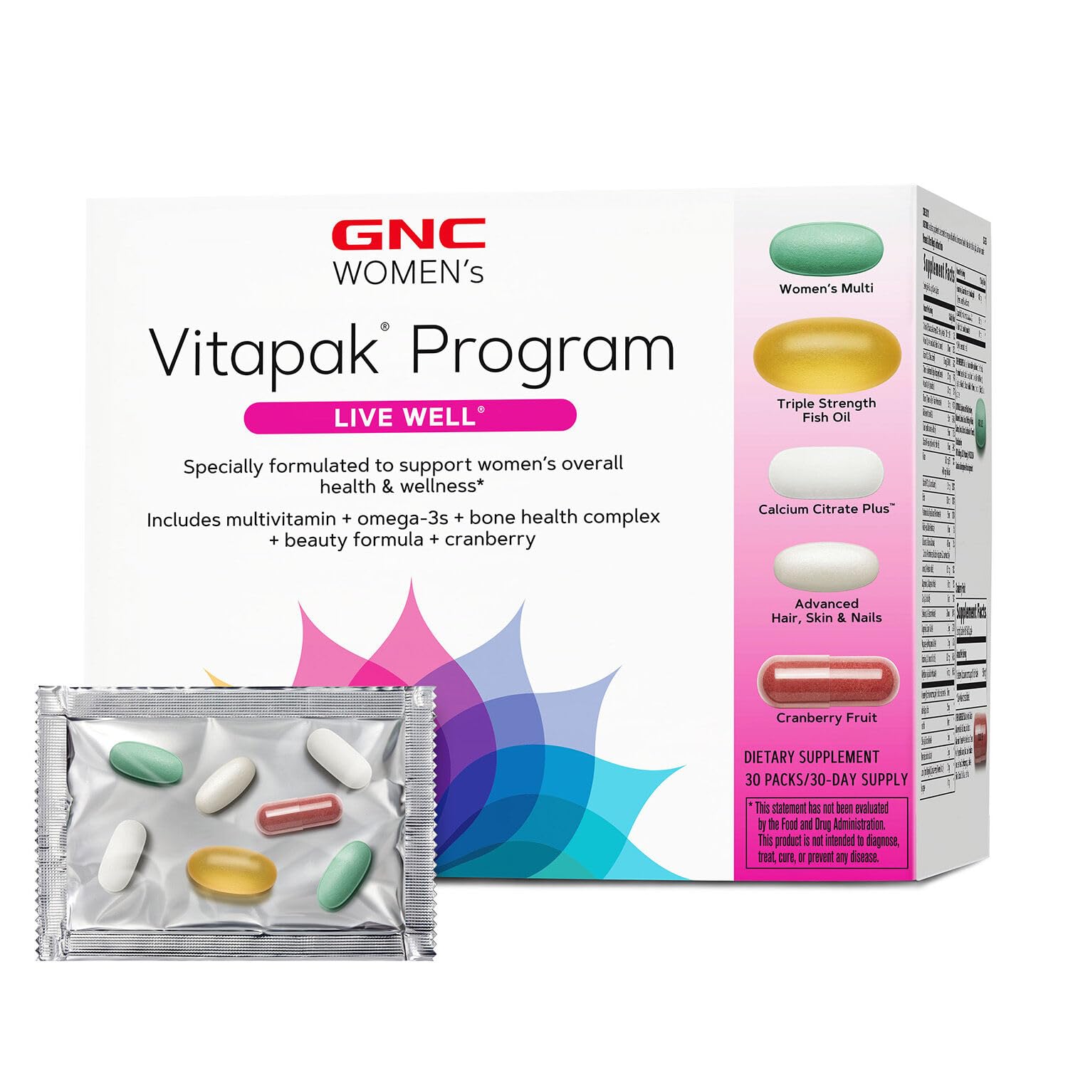 Buy now GNC Womenâ€™s Live Well Vitapak Program, Convenient Complete Nutrition, 5 Products in 1 Pack, Cranberry, Collagen, Clinically Proven Ingredients, Biotin, Beauty, Immune, Metabolism, Fish Oil, 30 svgs at indiglob india
