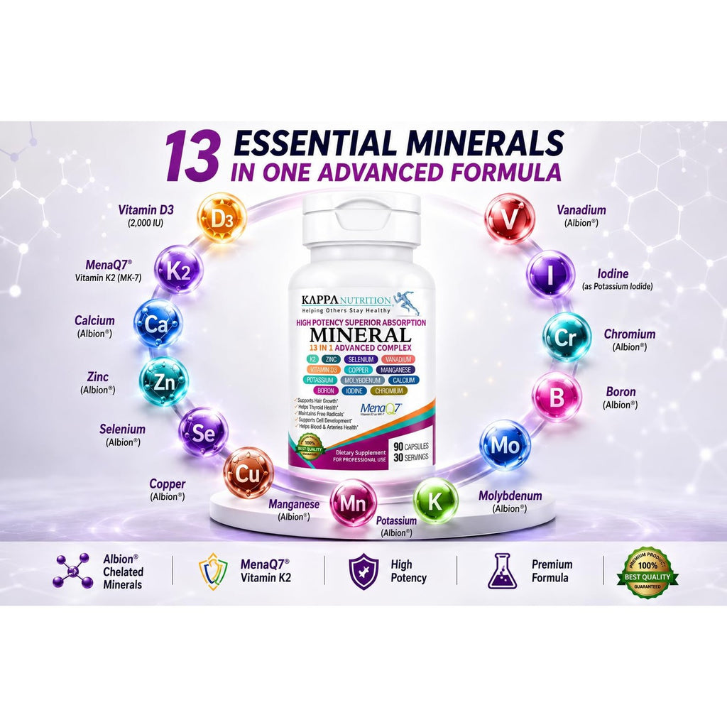 KAPPA NUTRITION Mineral 13 in 1 Advanced Complex with Albion® Chelated Minerals & MenaQ7® MK-7 Vitamin K2 | Calcium, Zinc, Selenium, Chromium, Iodine & Trace Minerals | 90 Vegan Capsules