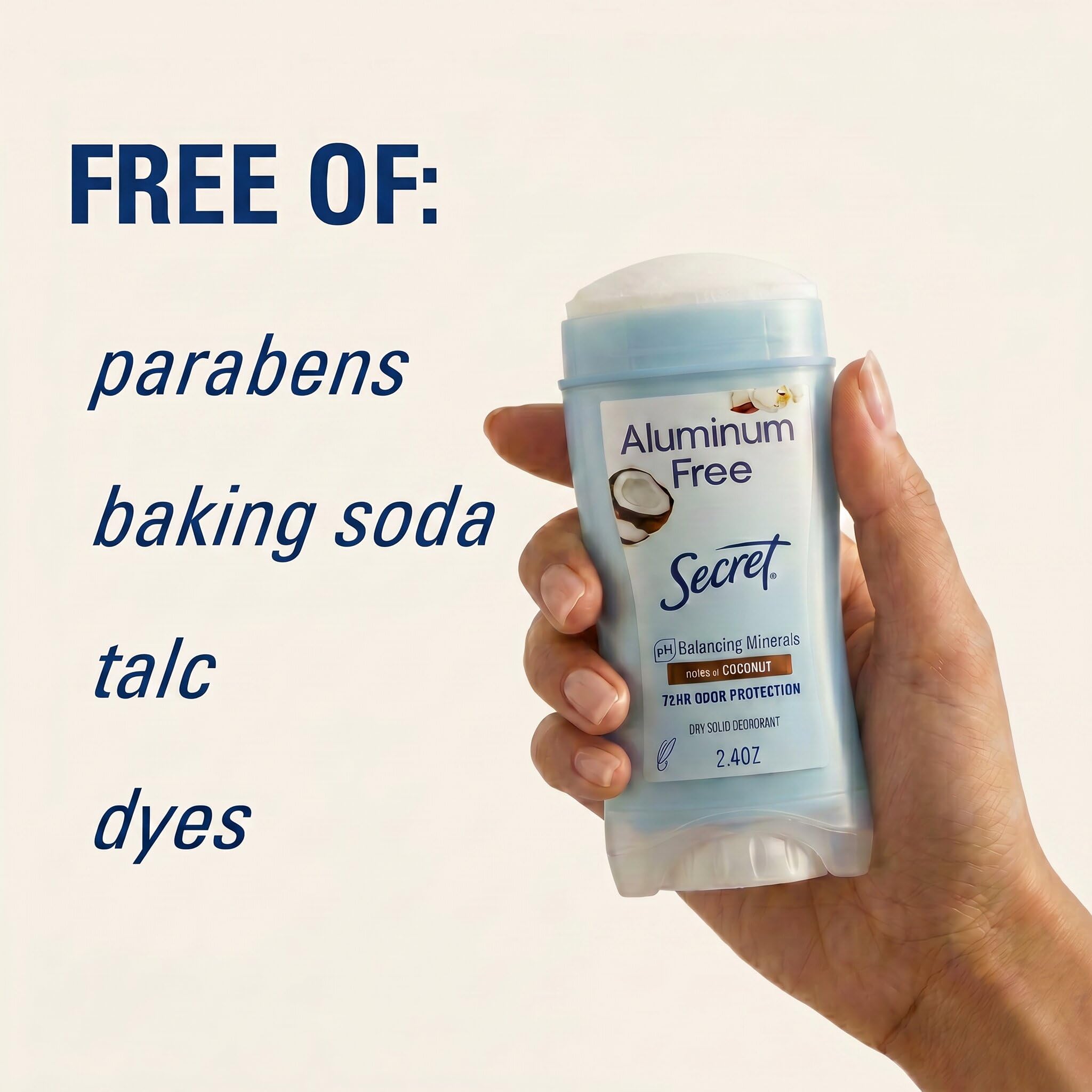 Secret Aluminum Free Deodorant for Women, 48hr Odor Protection, Naturally Derived Ingredients, Free of Parabens Dyes Talc & Baking Soda, PH Balanced, Dry Solid, Coconut Scent, 2.4 oz (Pack Of 3)