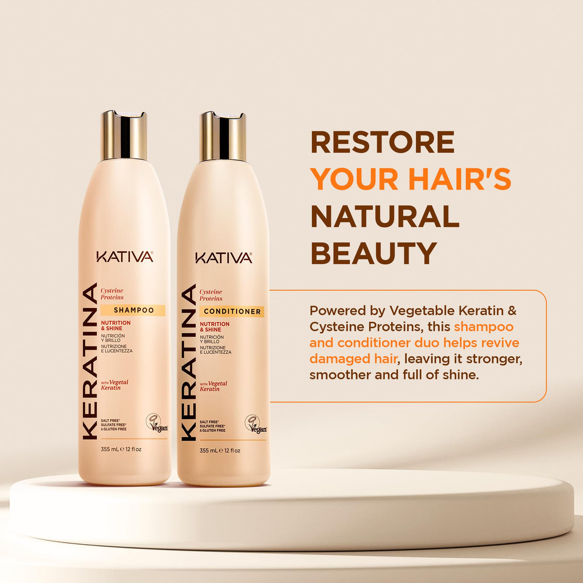 KATIVA Keratin Shampoo and Conditioner Set, Sulfate Free Formula for Damaged, Dry and Dull Hair, Nourishes, Softens and Adds Shine, 355 mL Each