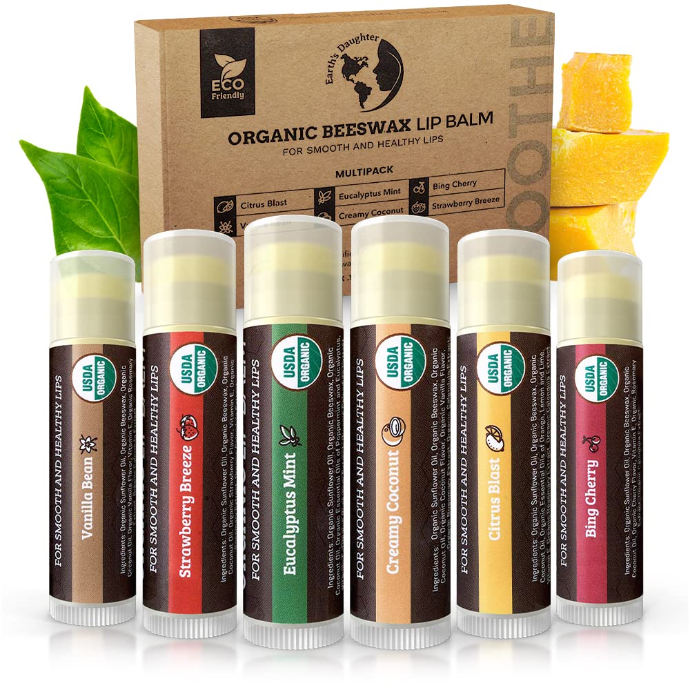 Buy now Earth's Daughter USDA Organic Lip Balm 6-Pack - Fruit Flavors, Beeswax, Coconut Oil, Vitamin E - Best Lip Repair Chapstick for Dry Cracked Lips - Moisturizing Lip Care at indiglob india